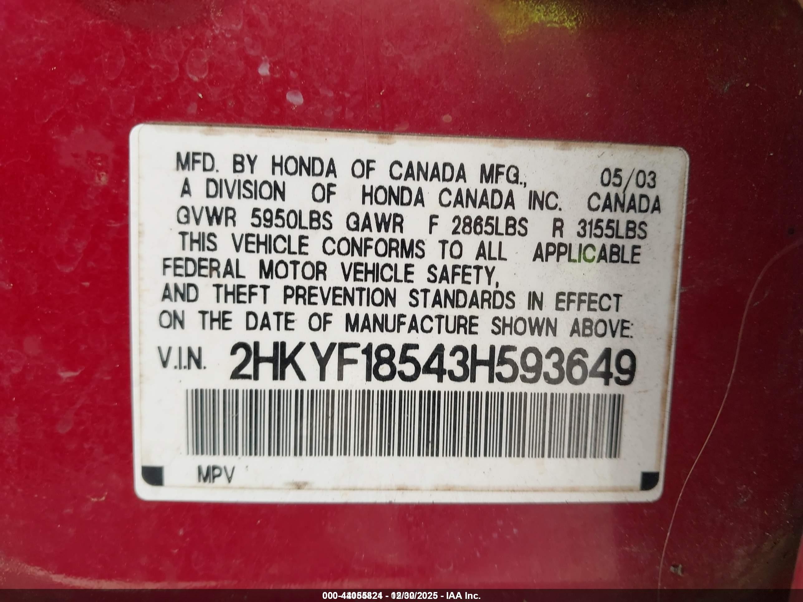2003 Honda Pilot Ex-l Red vin: 2HKYF18543H593649