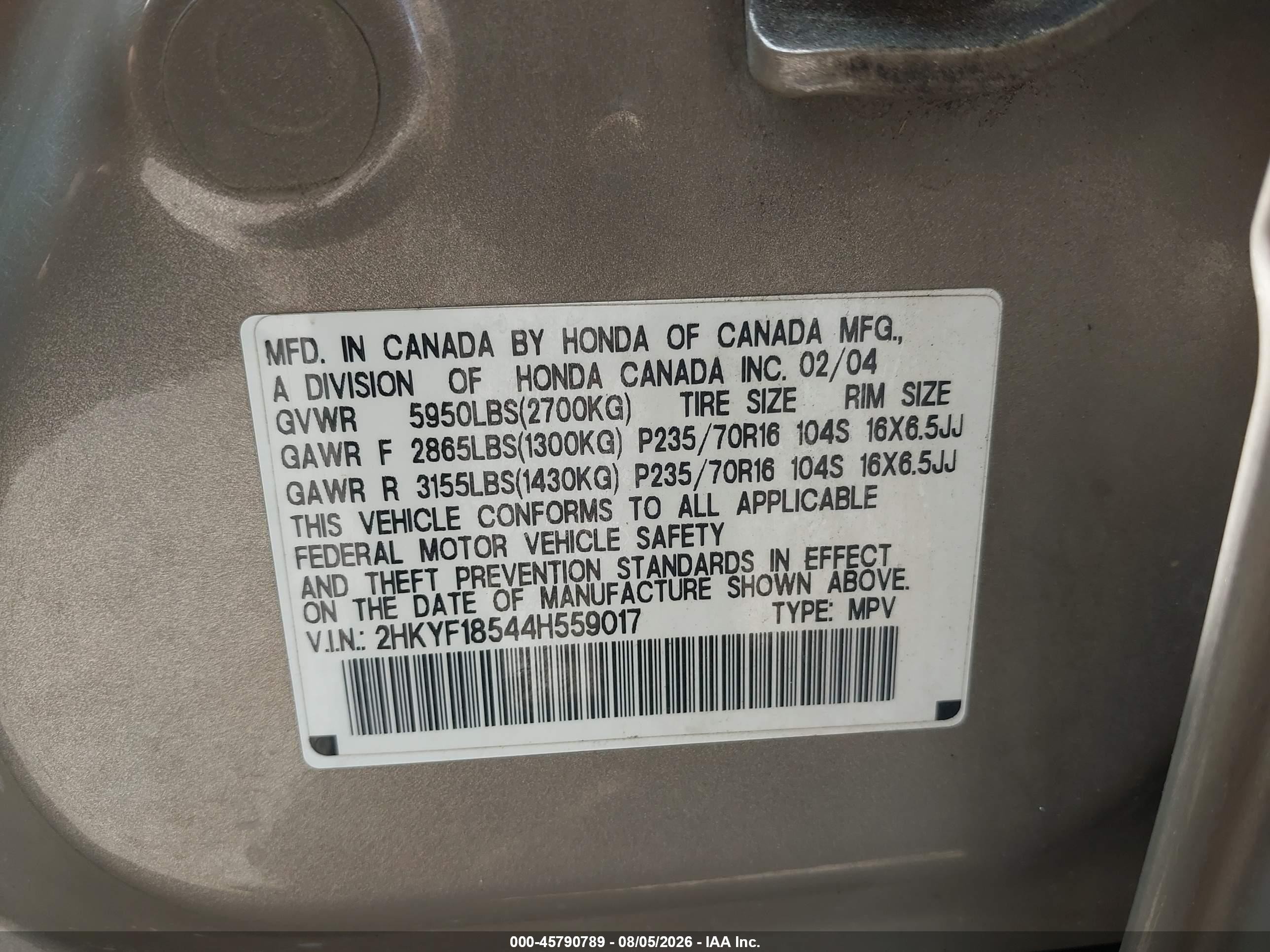 2004 Honda Pilot Ex-l Желто-коричневый vin: 2HKYF18544H559017