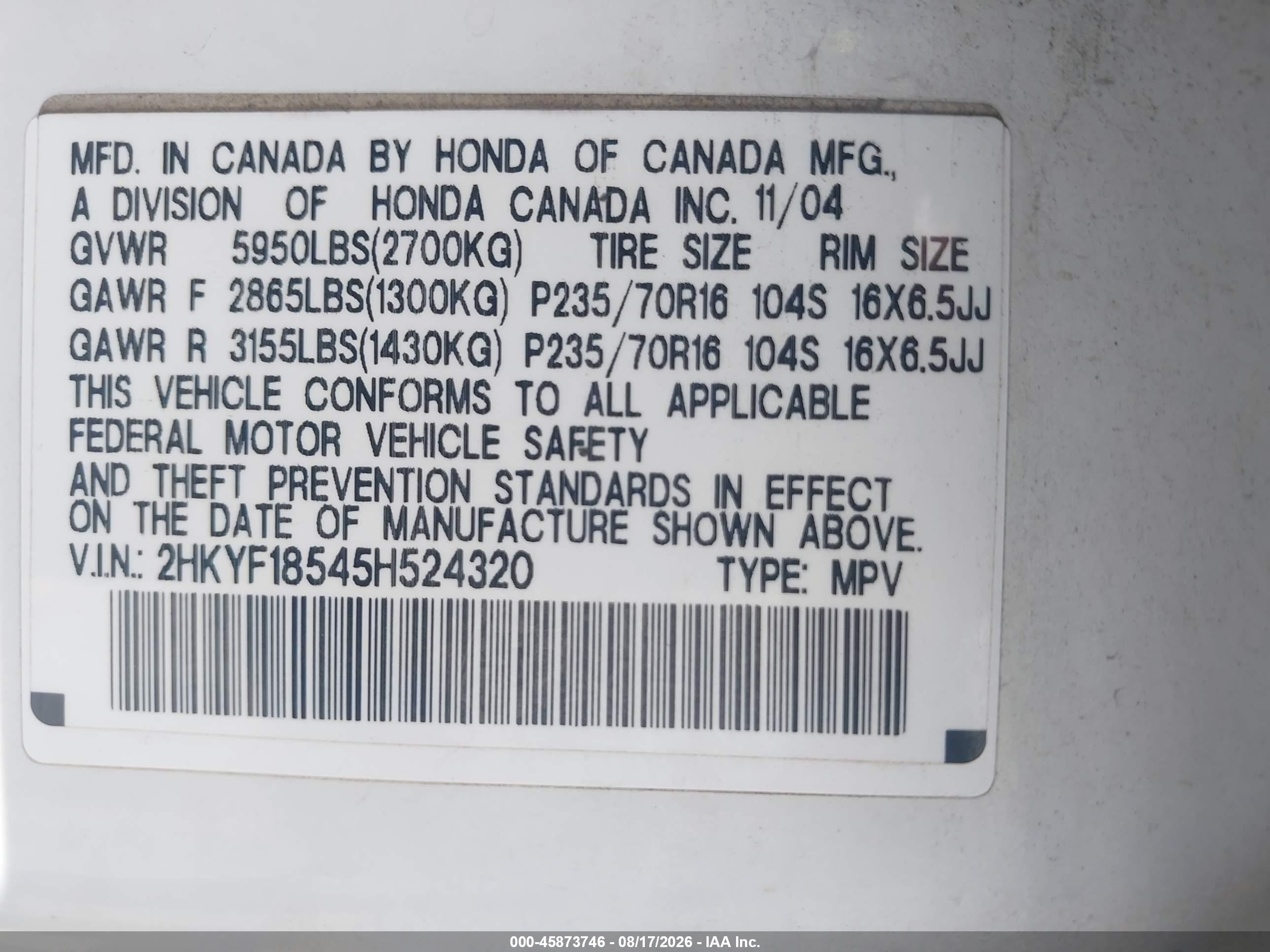 2005 Honda Pilot Ex-l White vin: 2HKYF18545H524320