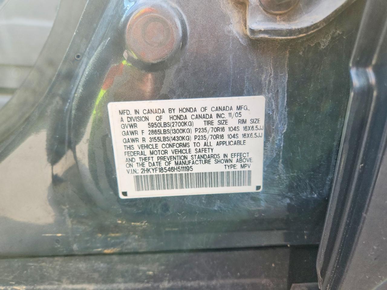 2006 Honda Pilot Ex Серый vin: 2HKYF18546H511195