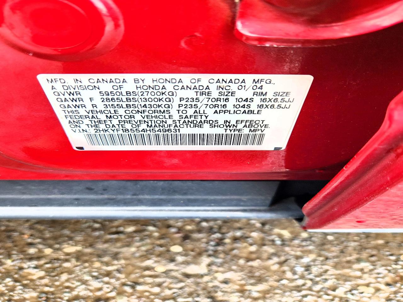 2004 Honda Pilot Exl Red vin: 2HKYF18554H549631