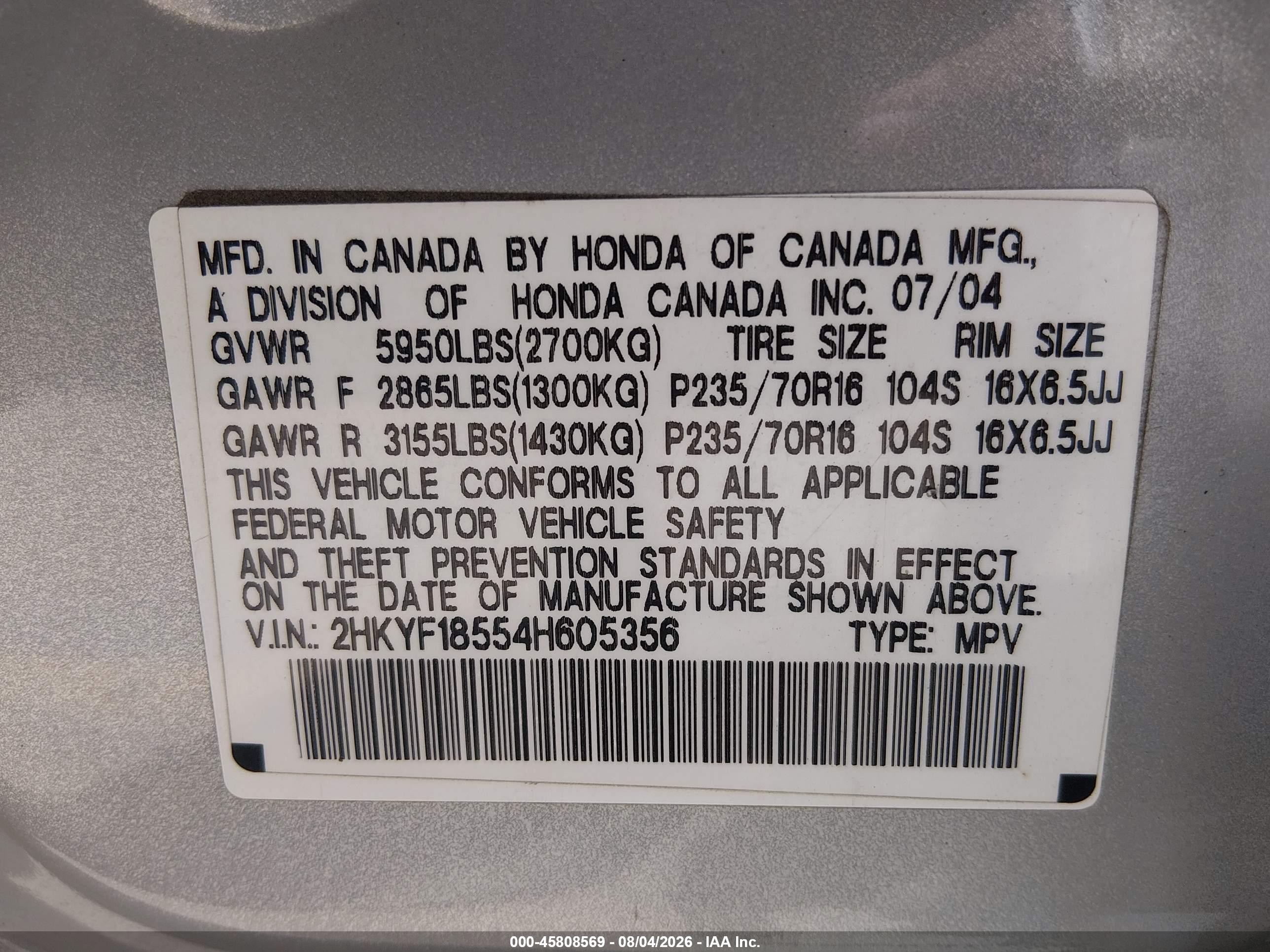 2004 Honda Pilot Ex-l Silver vin: 2HKYF18554H605356