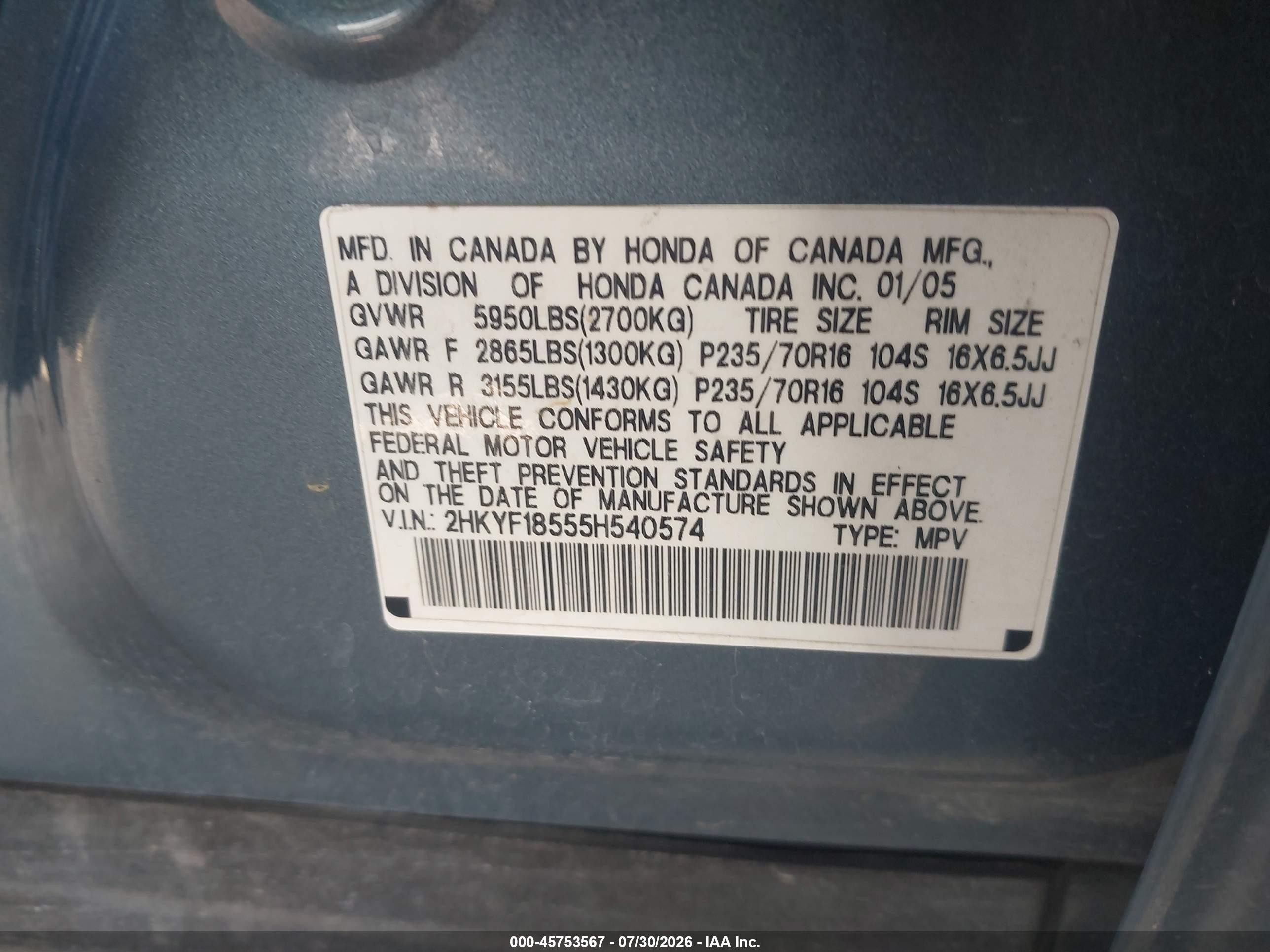 2005 Honda Pilot Ex-l Light Blue vin: 2HKYF18555H540574