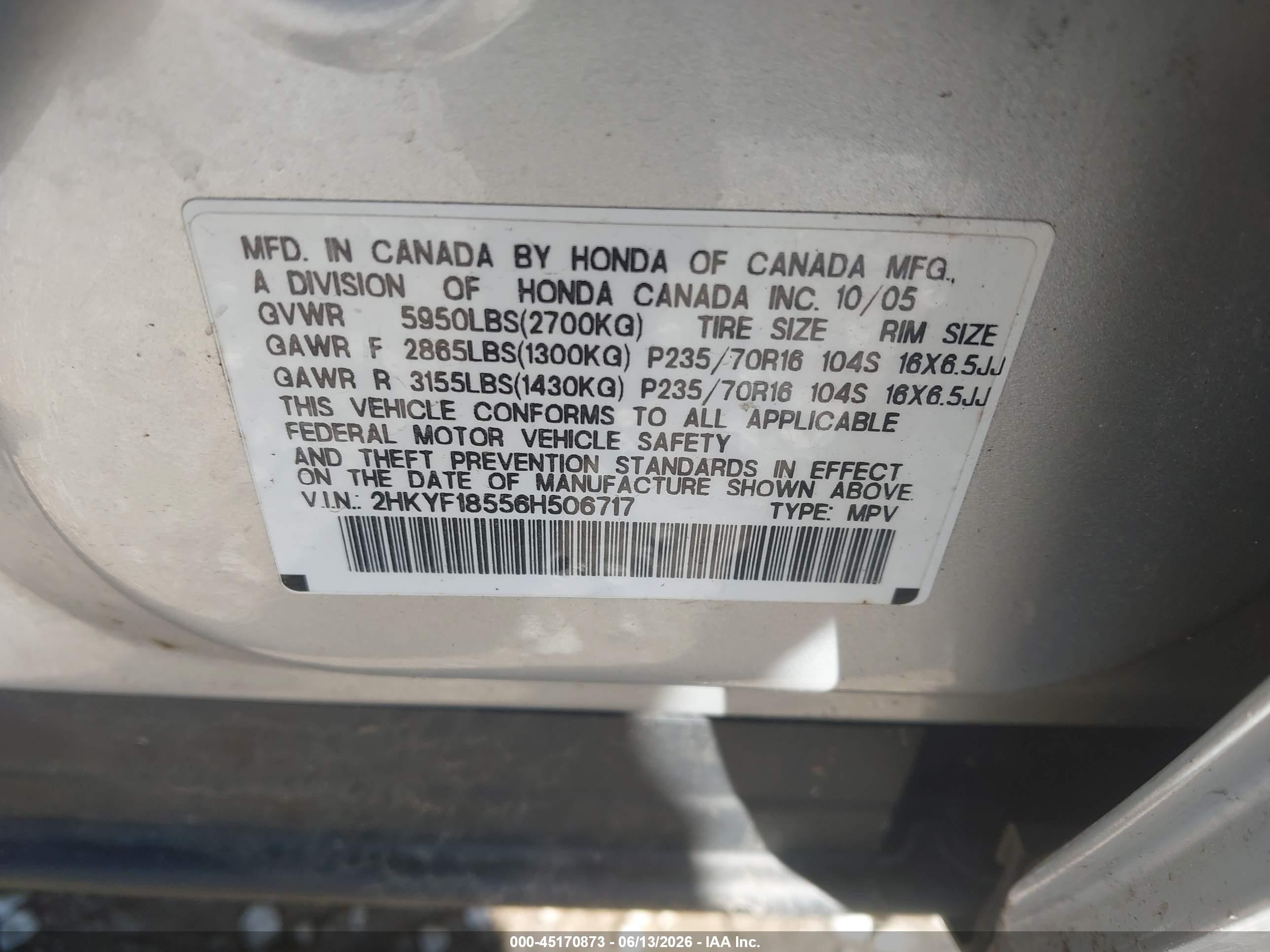 2006 Honda Pilot Ex-l Silver vin: 2HKYF18556H506717