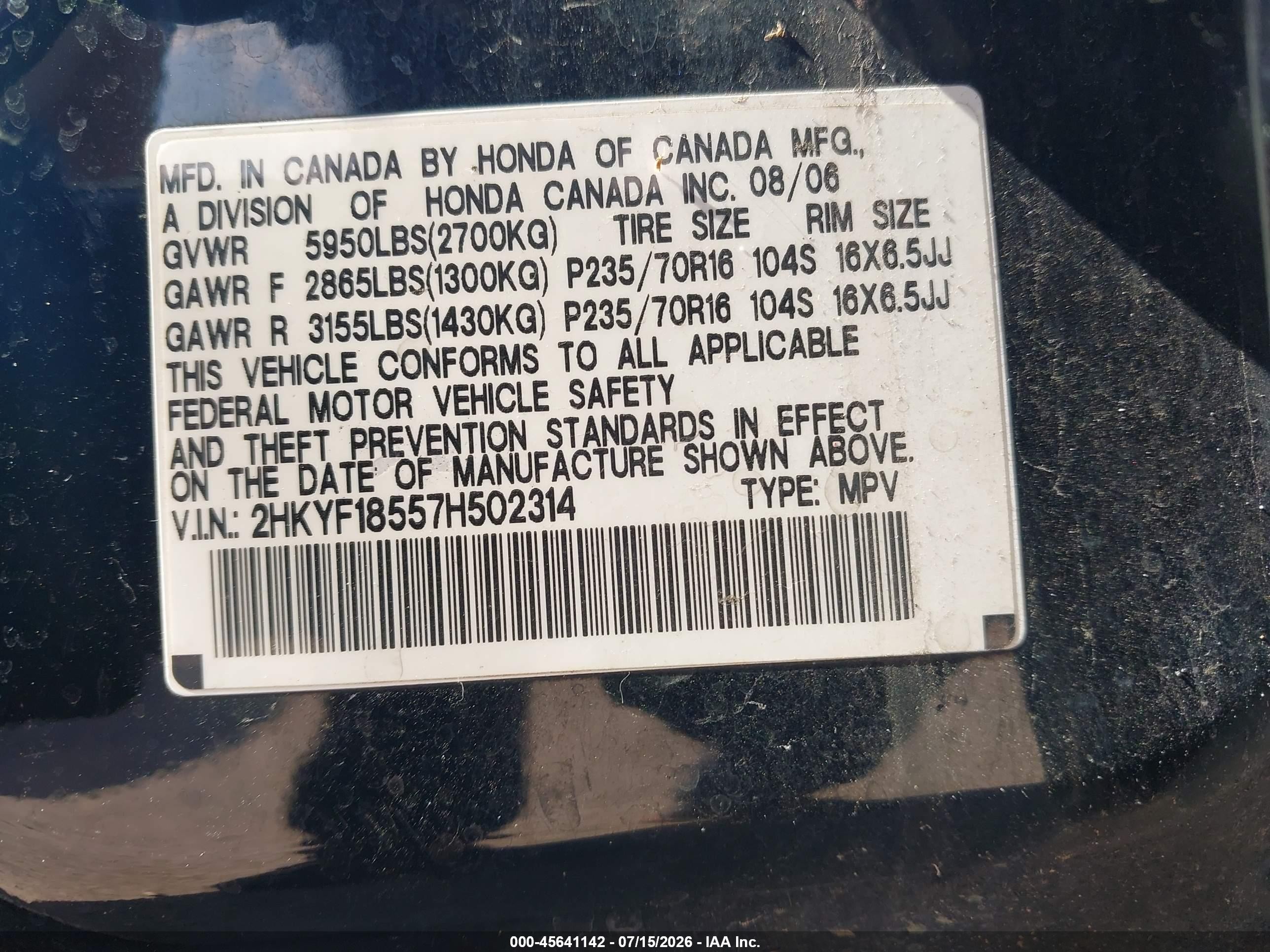 2007 Honda Pilot Ex-l Black vin: 2HKYF18557H502314