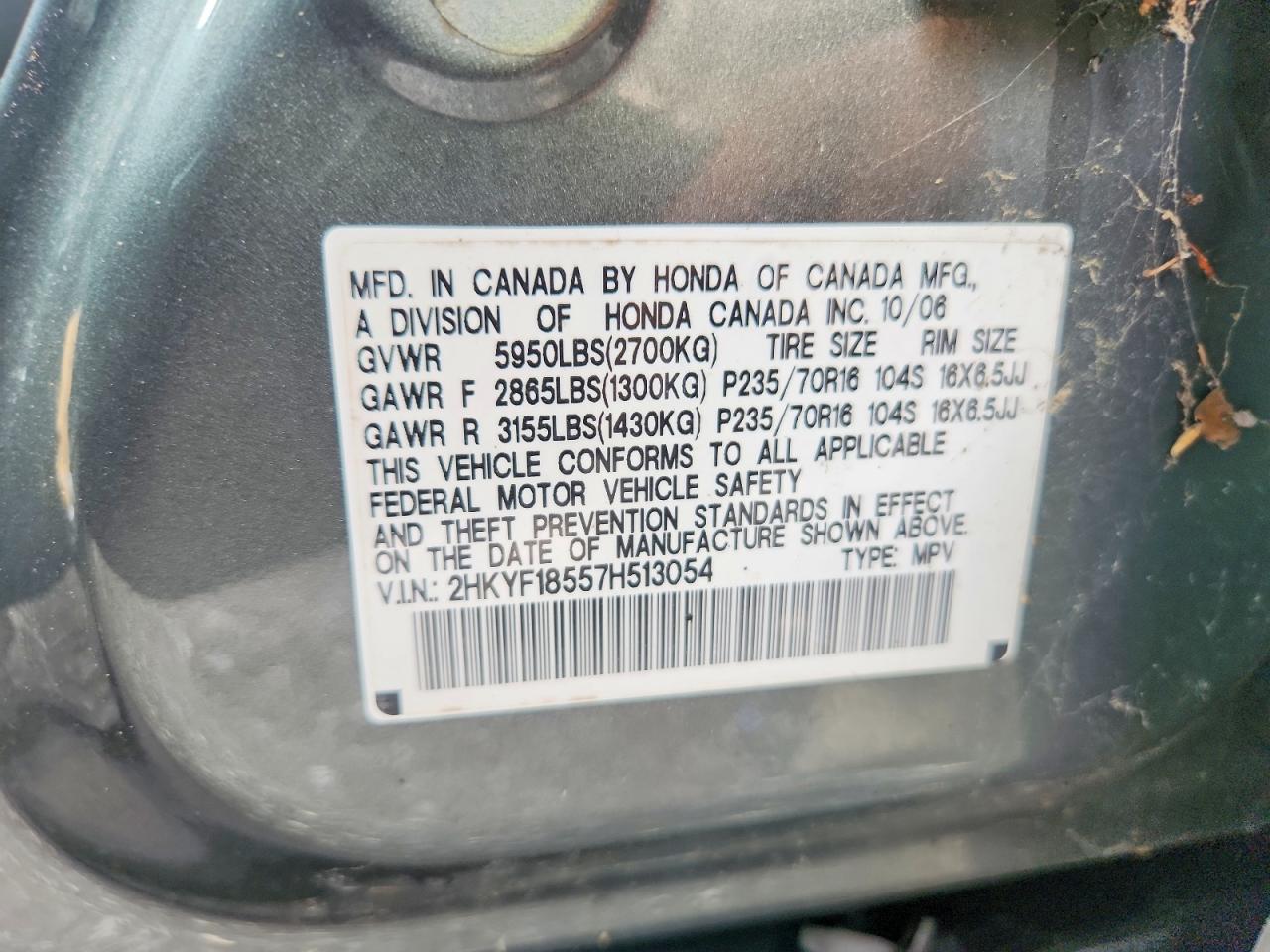 2007 Honda Pilot Exl Gray vin: 2HKYF18557H513054