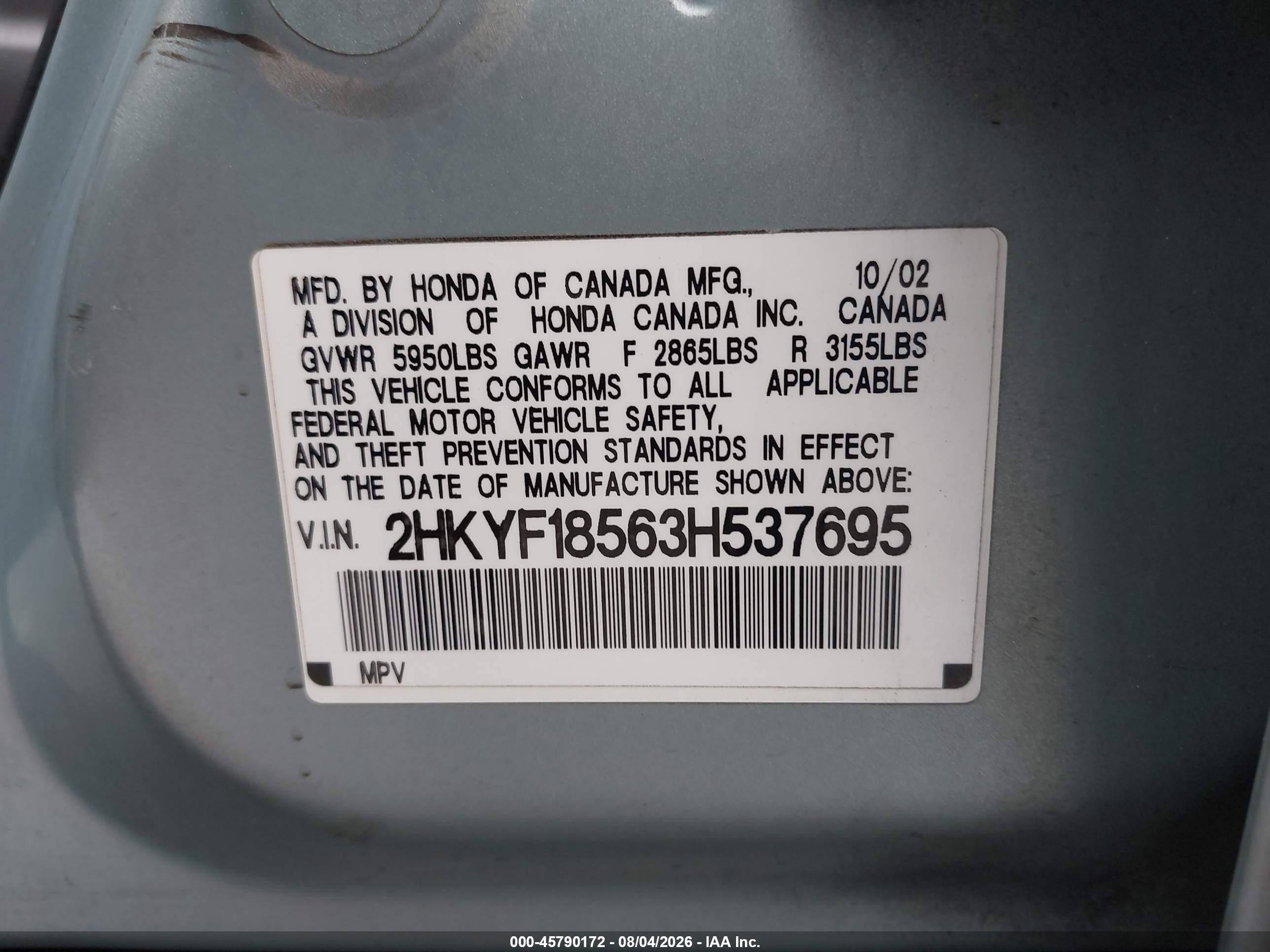 2003 Honda Pilot Ex-l Light Blue vin: 2HKYF18563H537695