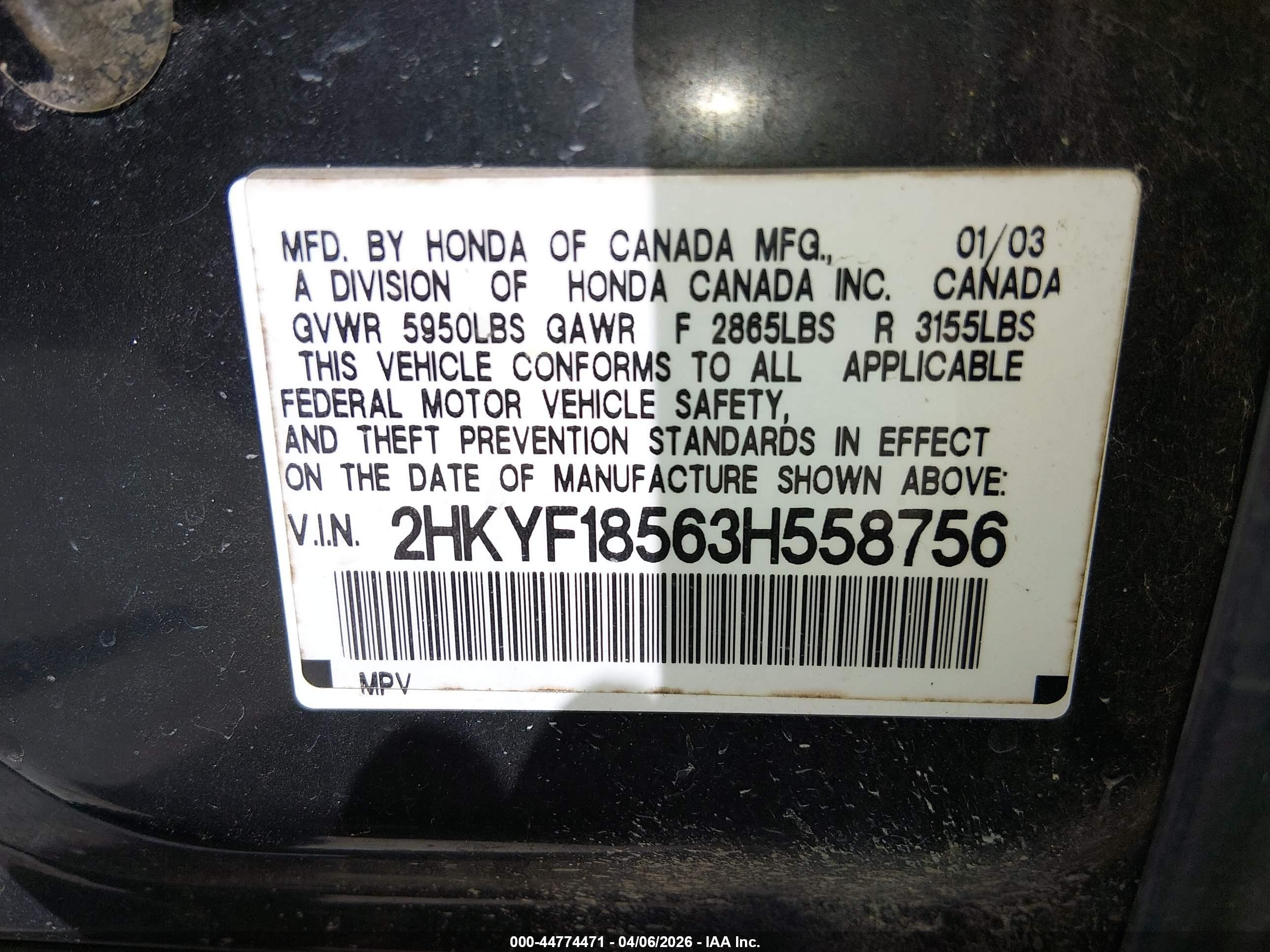 2003 Honda Pilot Ex-l Black vin: 2HKYF18563H558756