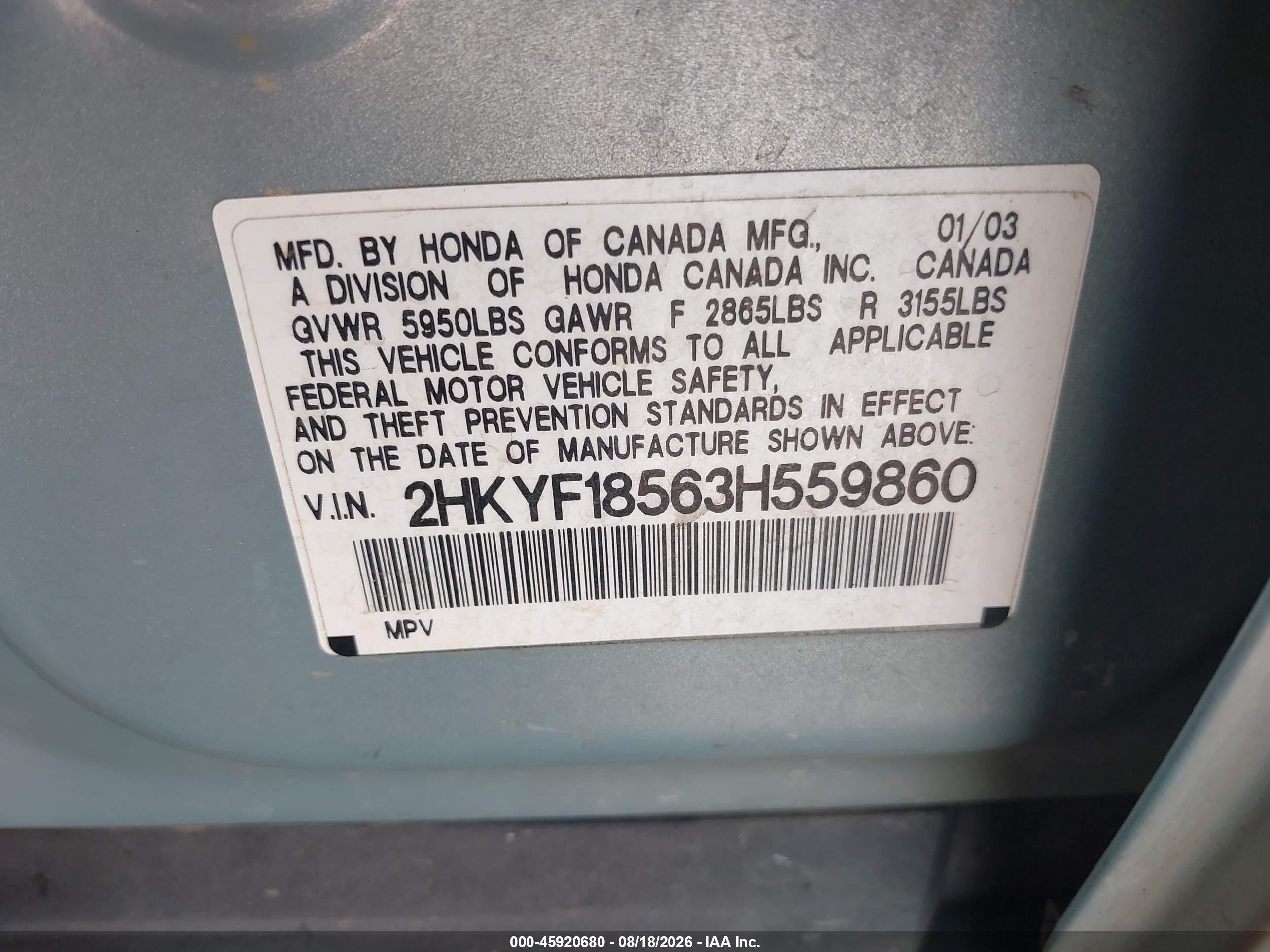 2003 Honda Pilot Ex-l Gray vin: 2HKYF18563H559860