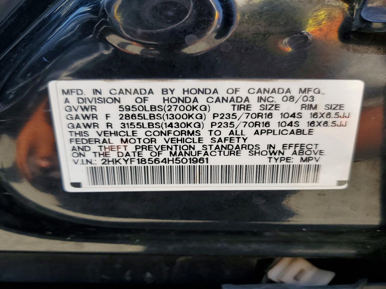 2004 Honda Pilot Exl Black vin: 2HKYF18564H501961