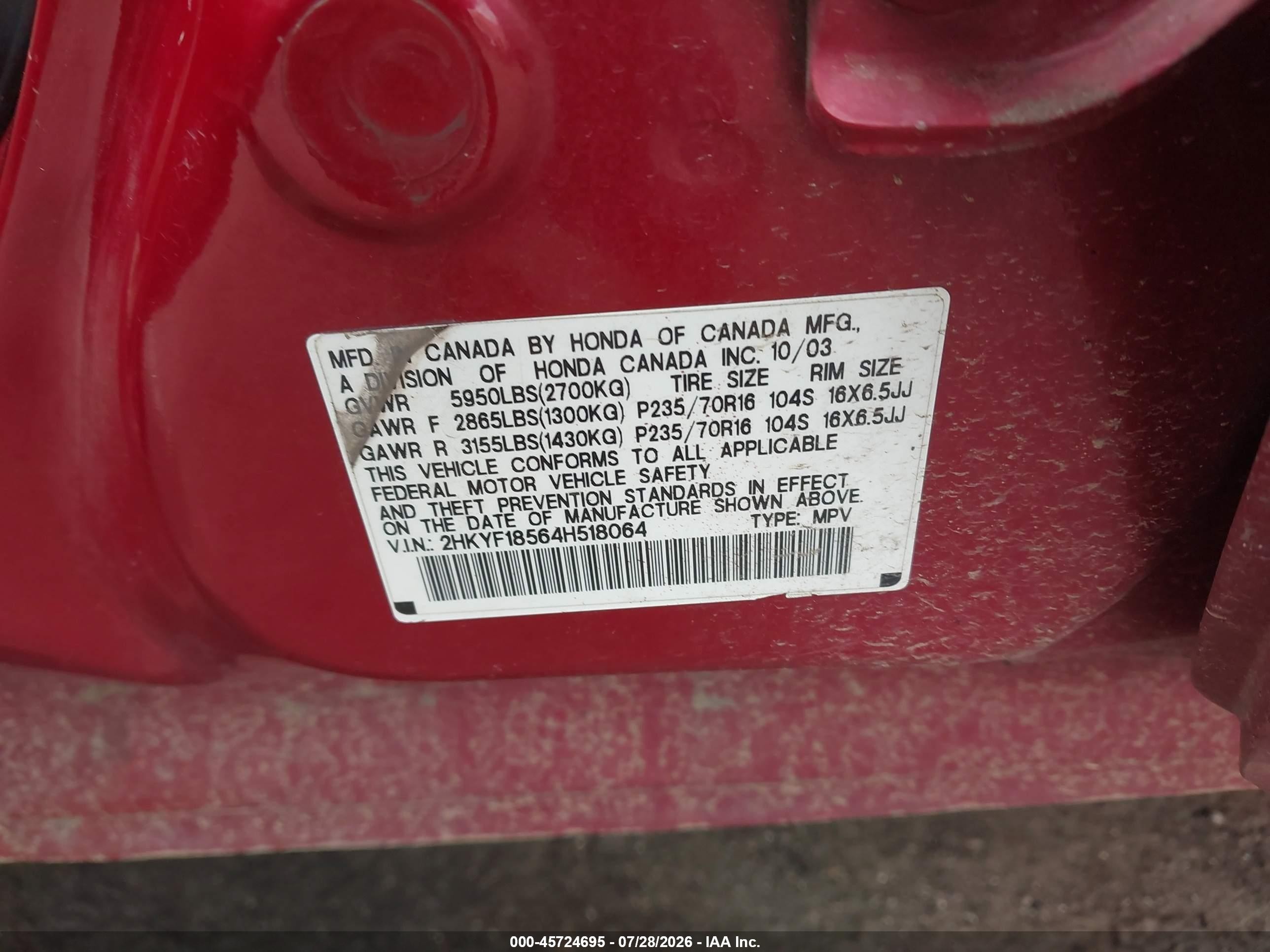 2004 Honda Pilot Ex-l Red vin: 2HKYF18564H518064