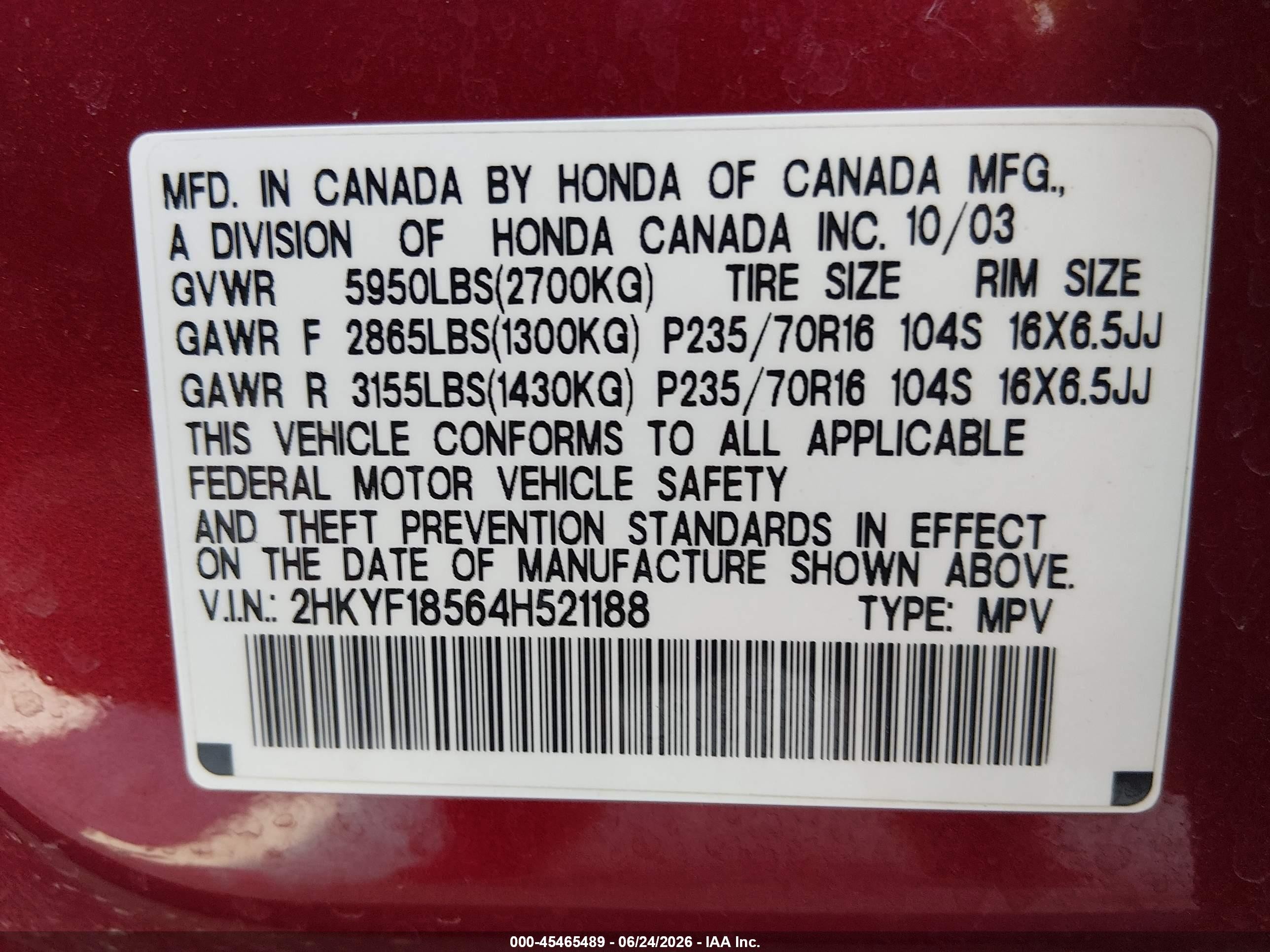 2004 Honda Pilot Ex-l Red vin: 2HKYF18564H521188