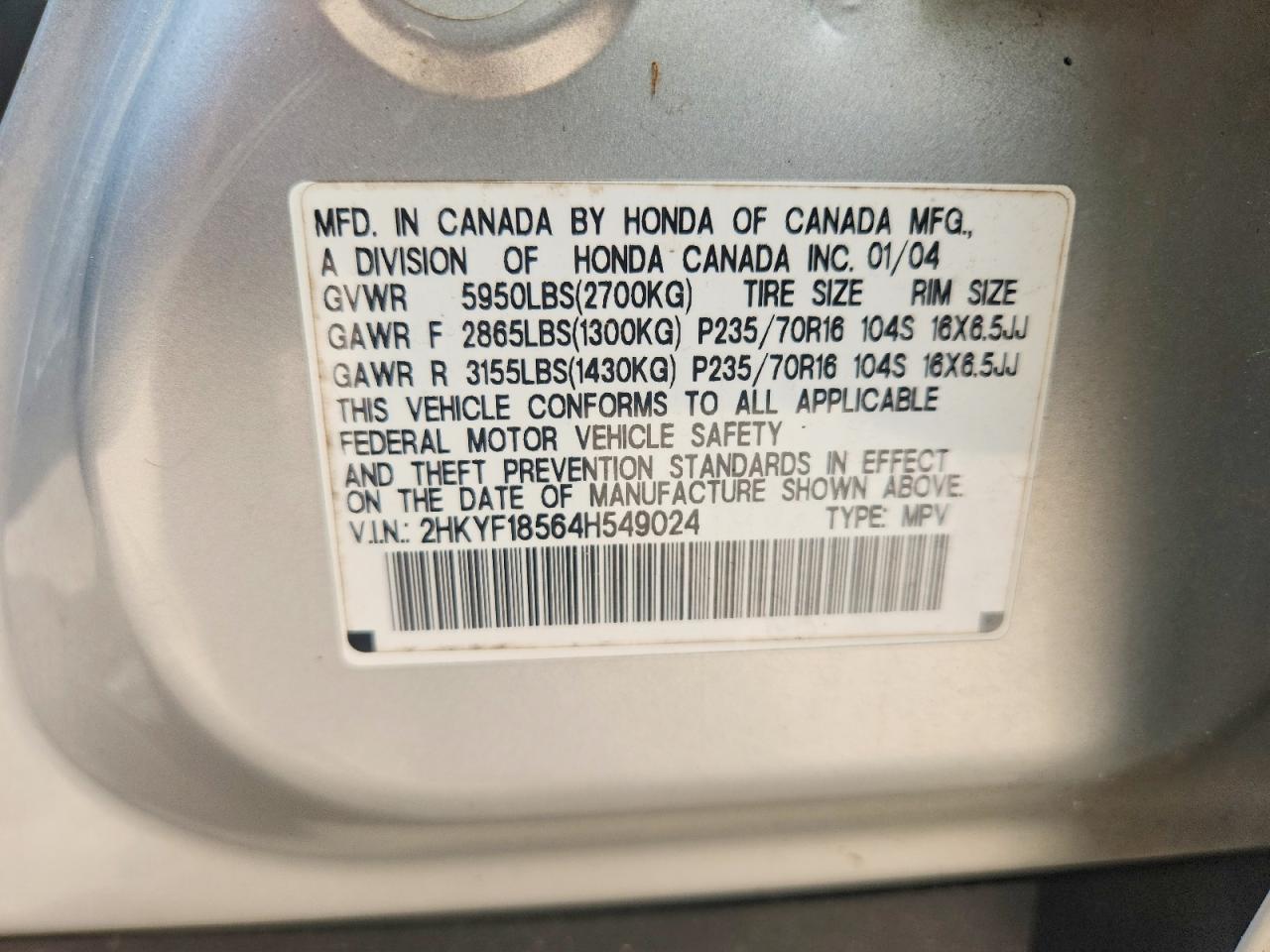 2004 Honda Pilot Exl Silver vin: 2HKYF18564H549024