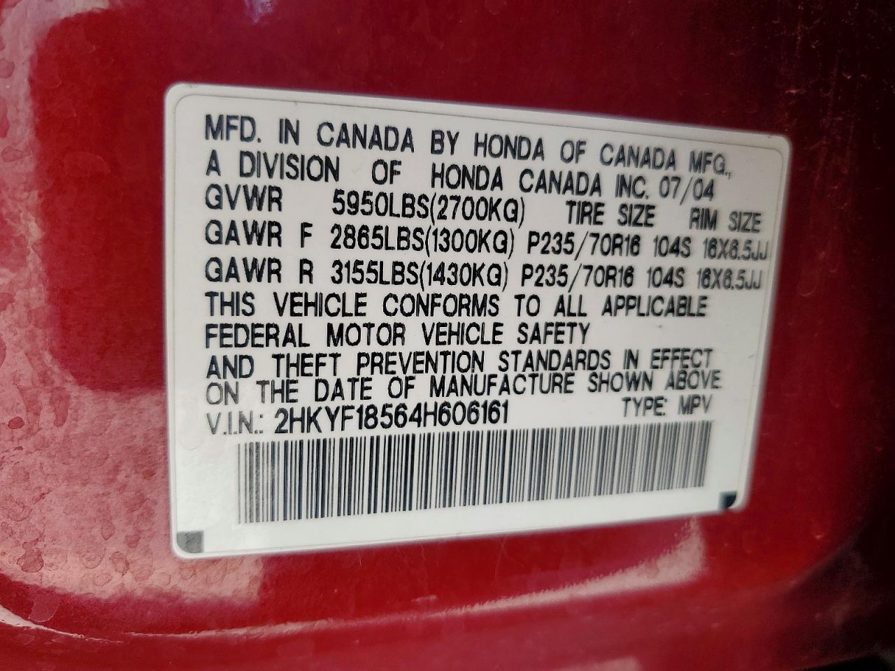2004 Honda Pilot Exl Red vin: 2HKYF18564H606161