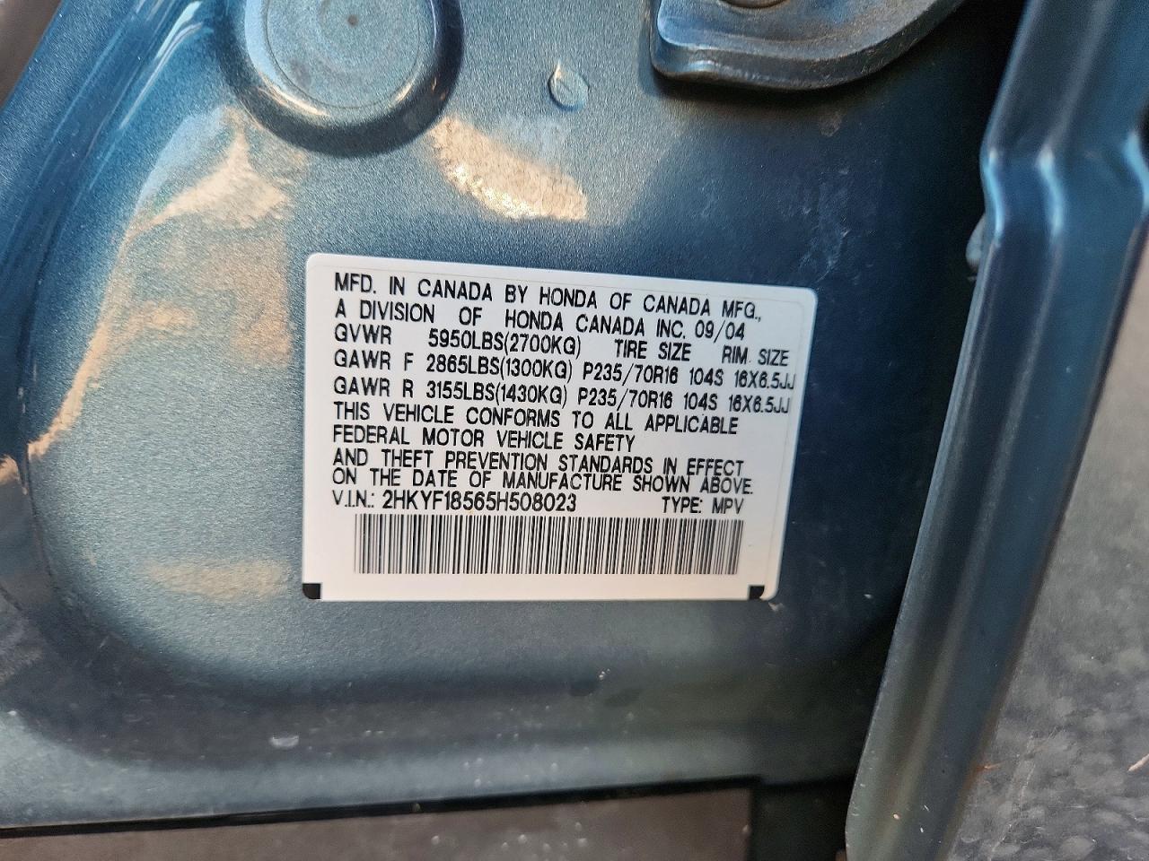 2005 Honda Pilot Exl Blue vin: 2HKYF18565H508023