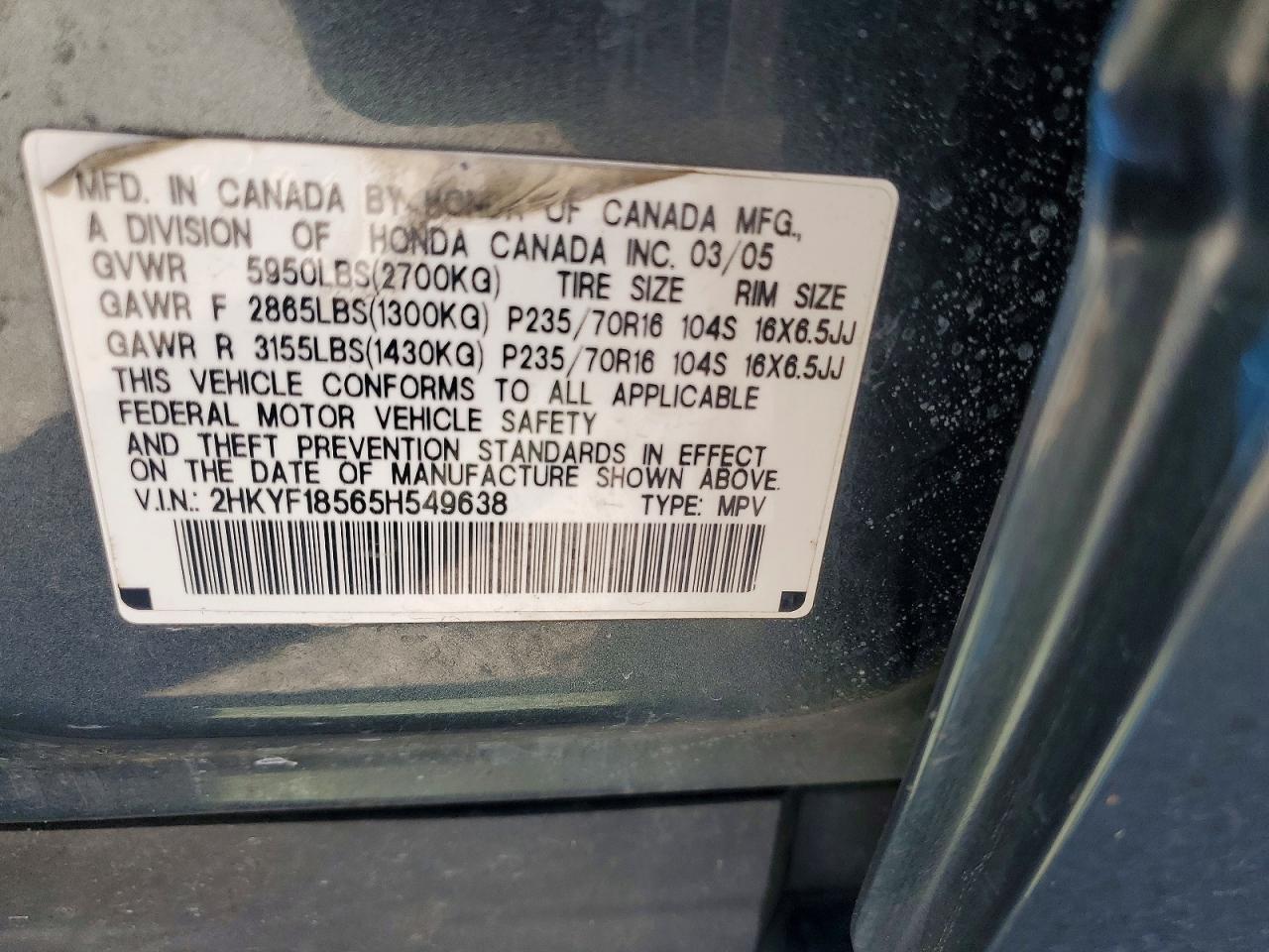 2005 Honda Pilot Exl Gray vin: 2HKYF18565H549638