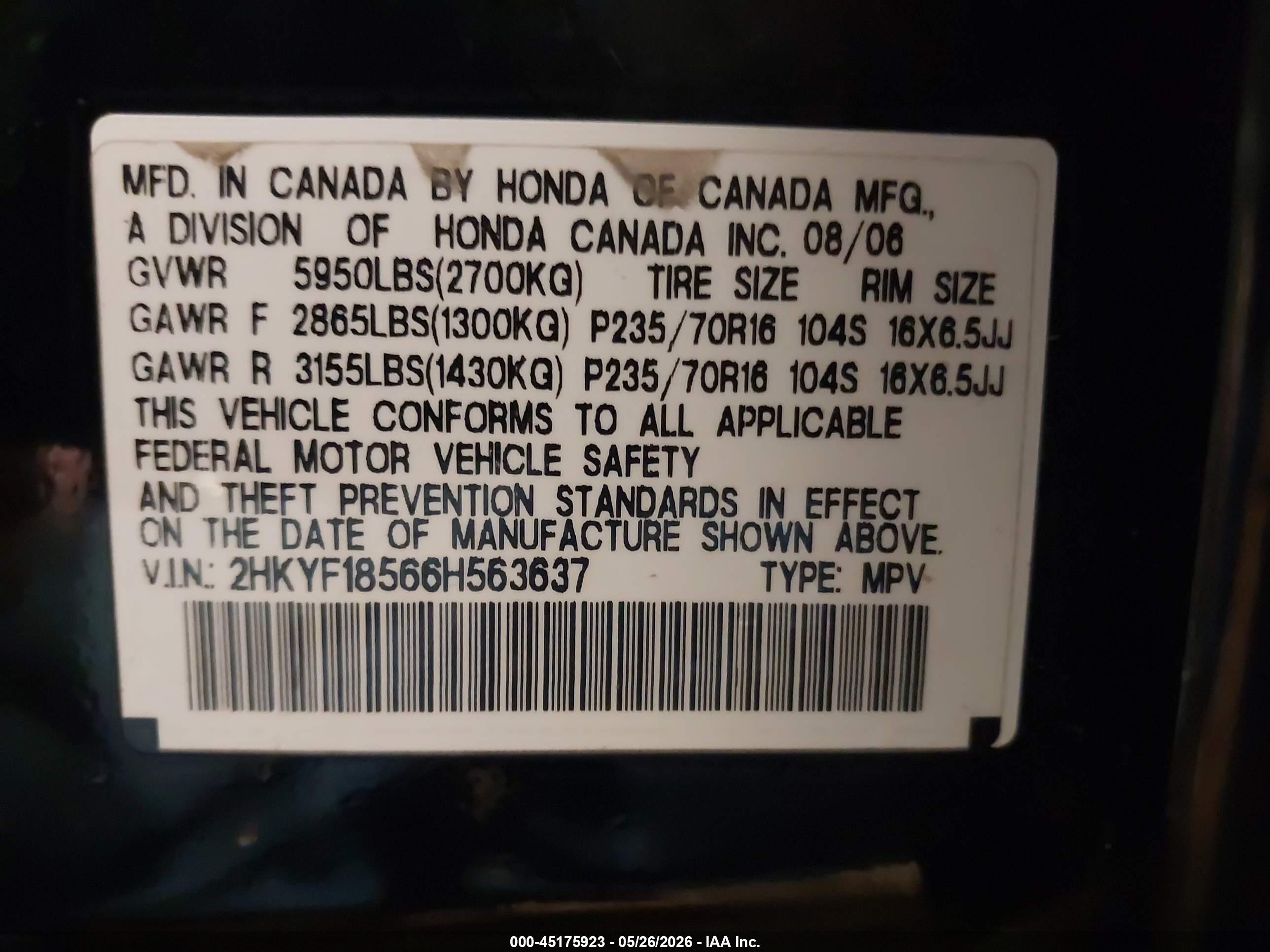 2006 Honda Pilot Ex-l Черный vin: 2HKYF18566H563637