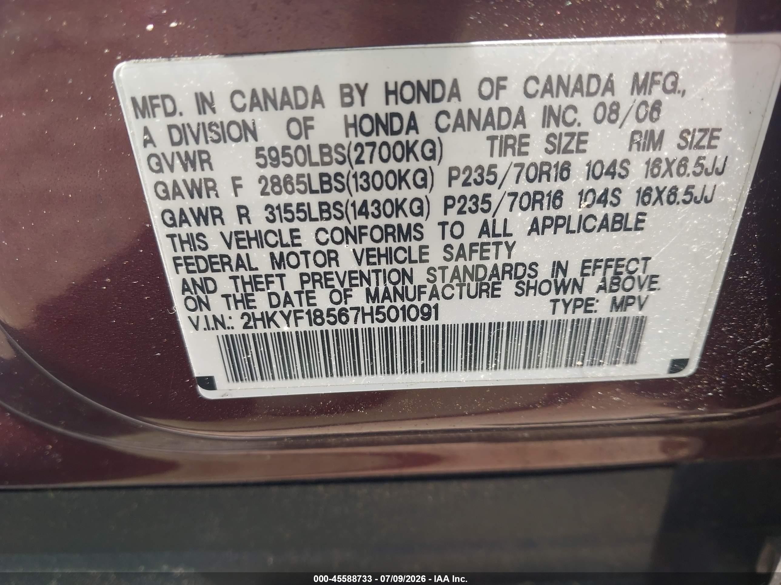 2007 Honda Pilot Ex-l Maroon vin: 2HKYF18567H501091
