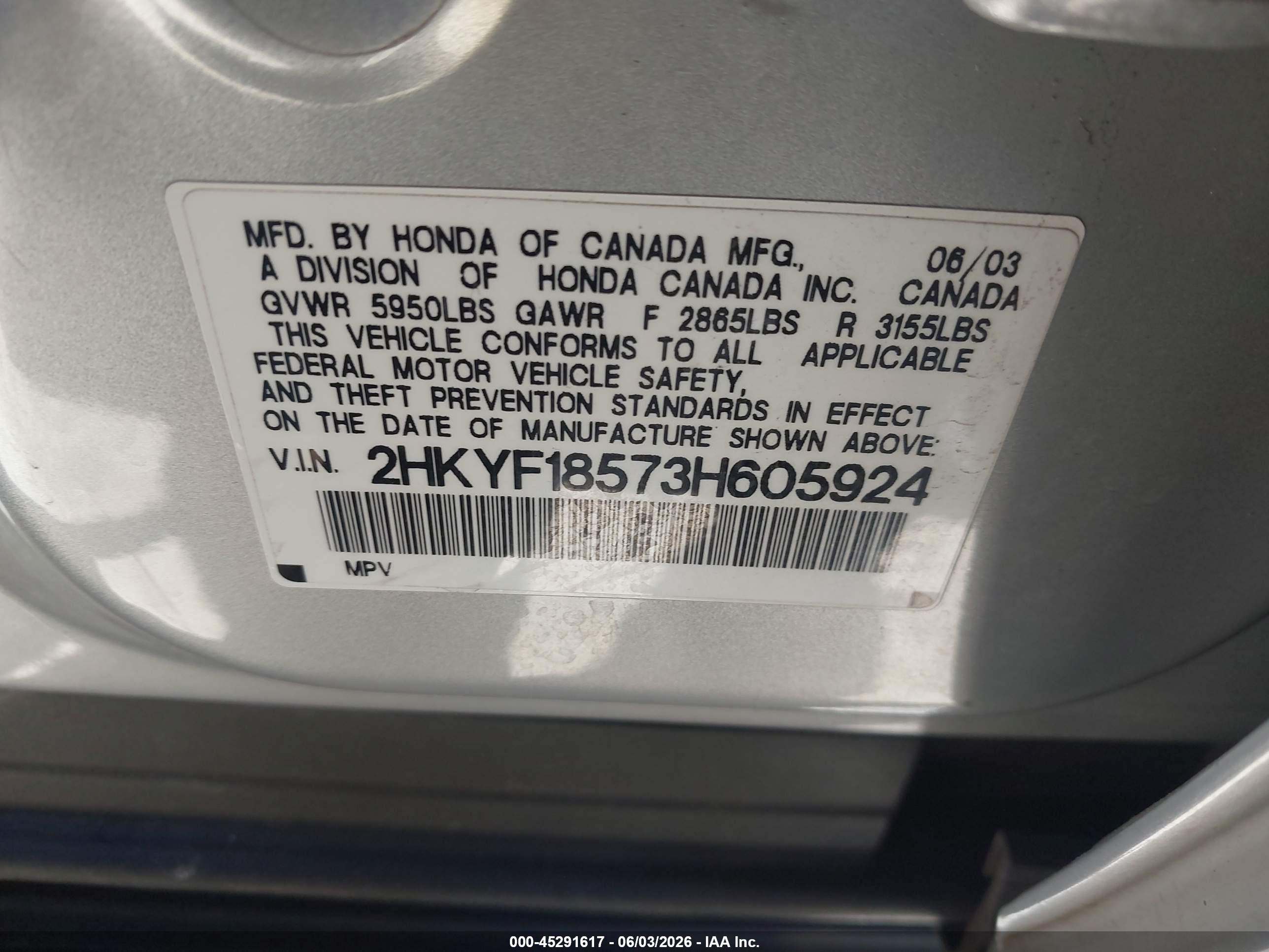 2003 Honda Pilot Ex-l Silver vin: 2HKYF18573H605924