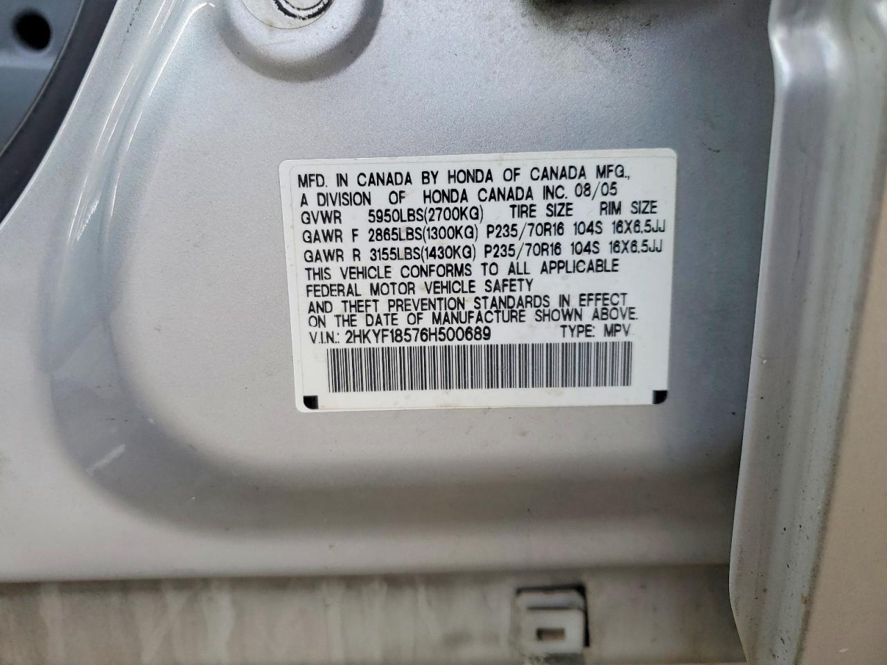 2006 Honda Pilot Ex Silver vin: 2HKYF18576H500689