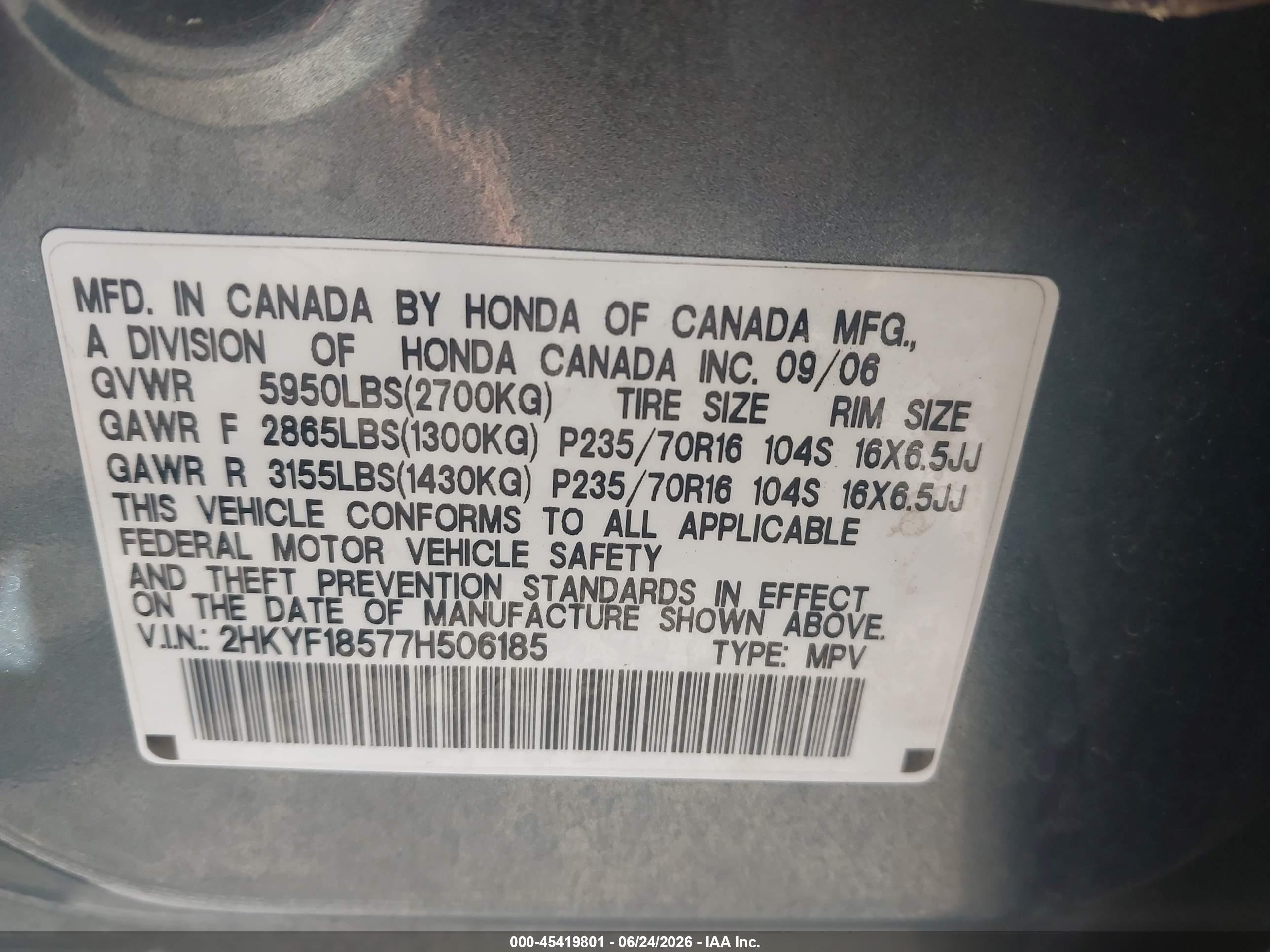 2007 Honda Pilot Ex-l Blue vin: 2HKYF18577H506185