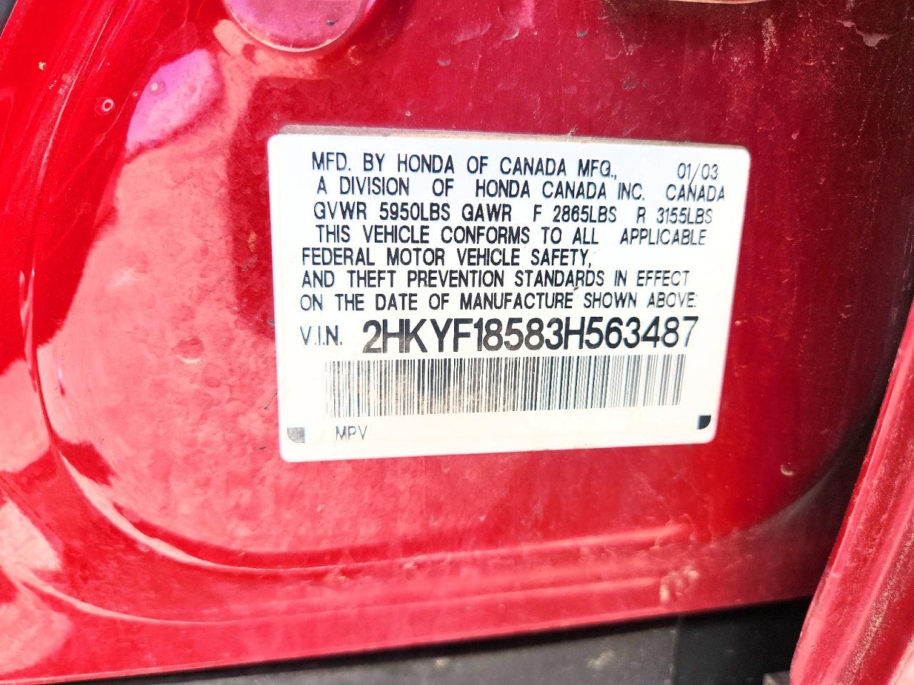 2003 Honda Pilot Exl Red vin: 2HKYF18583H563487