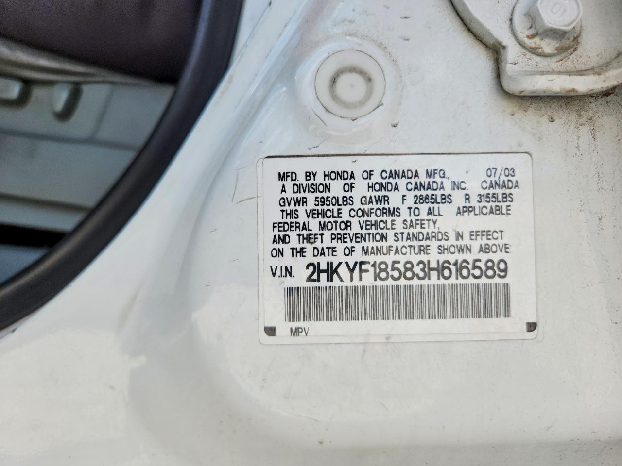 2003 Honda Pilot Exl White vin: 2HKYF18583H616589