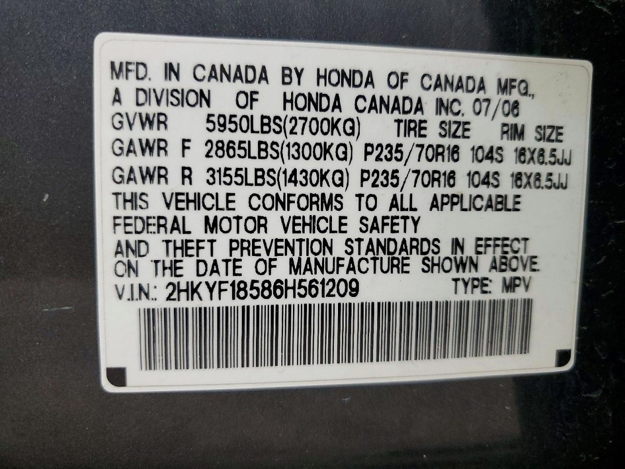 2006 Honda Pilot Ex Gray vin: 2HKYF18586H561209