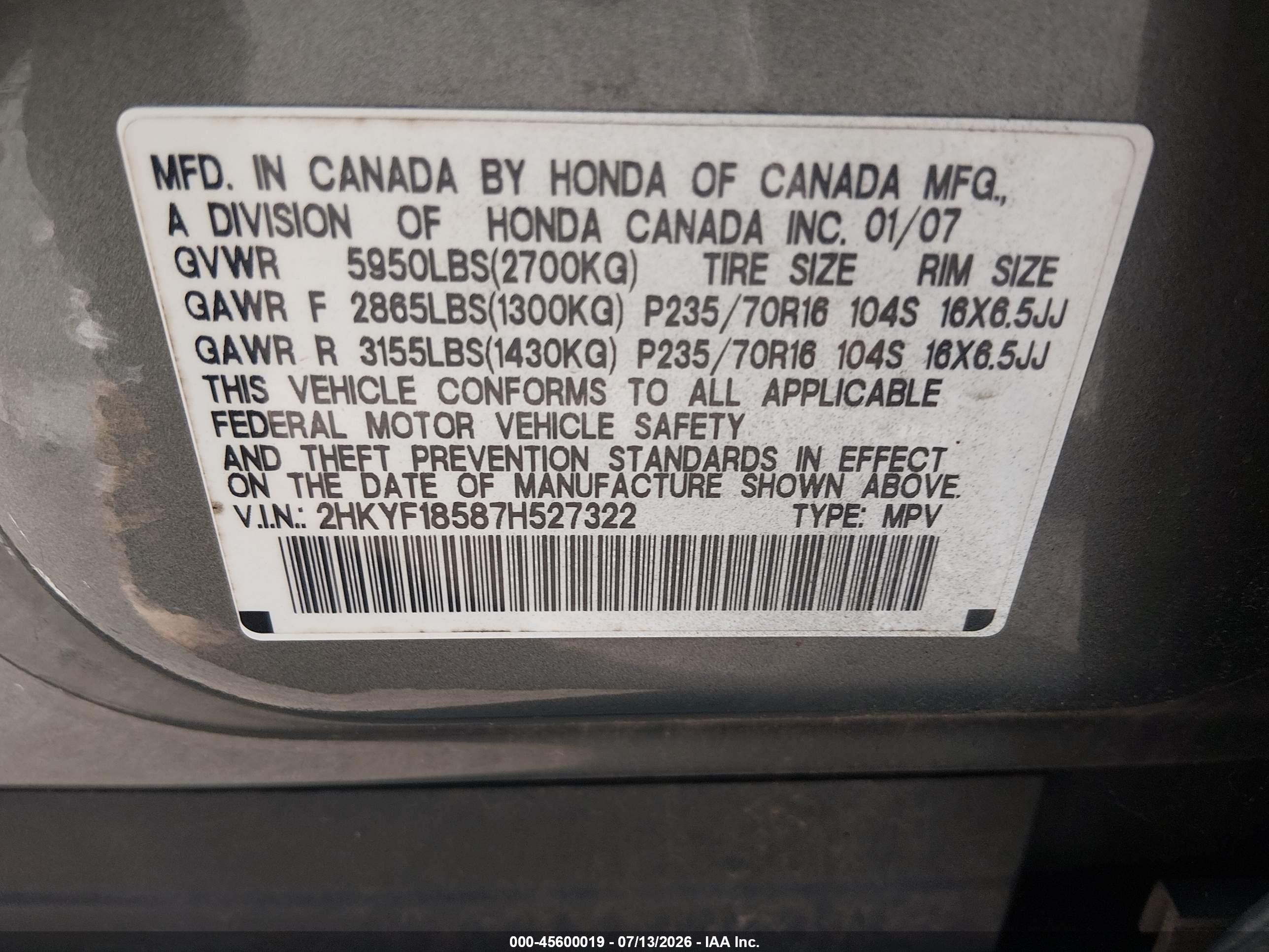 2007 Honda Pilot Ex-l Gray vin: 2HKYF18587H527322