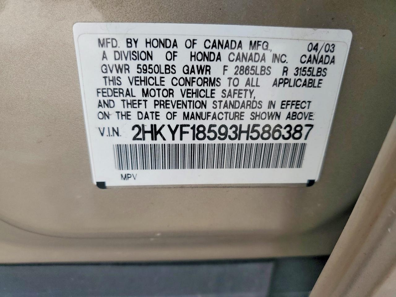 2003 Honda Pilot Exl Tan vin: 2HKYF18593H586387