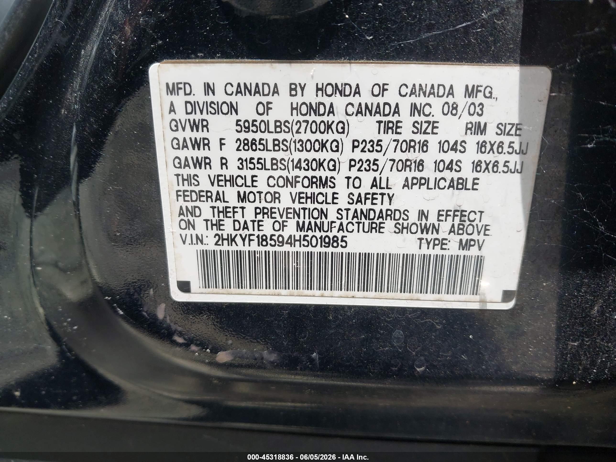 2004 Honda Pilot Ex-l Black vin: 2HKYF18594H501985