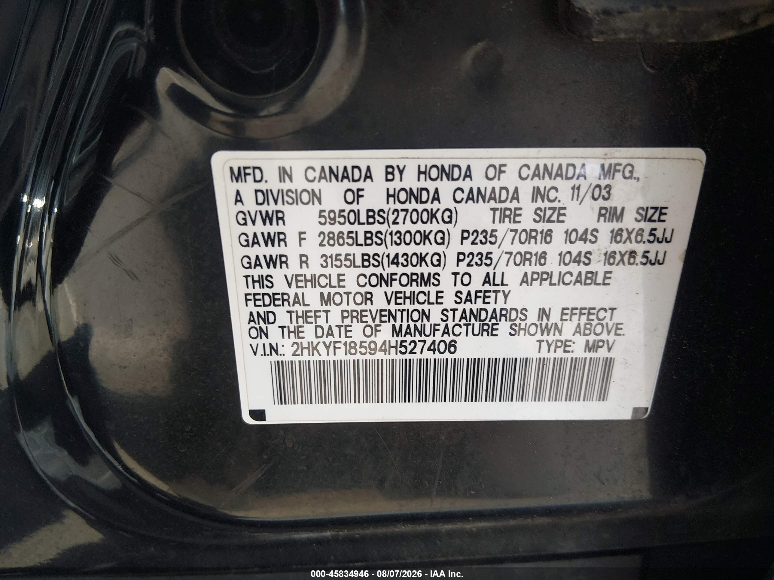 2004 Honda Pilot Ex-l Black vin: 2HKYF18594H527406