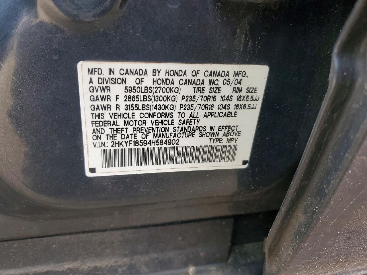 2004 Honda Pilot Exl Charcoal vin: 2HKYF18594H584902