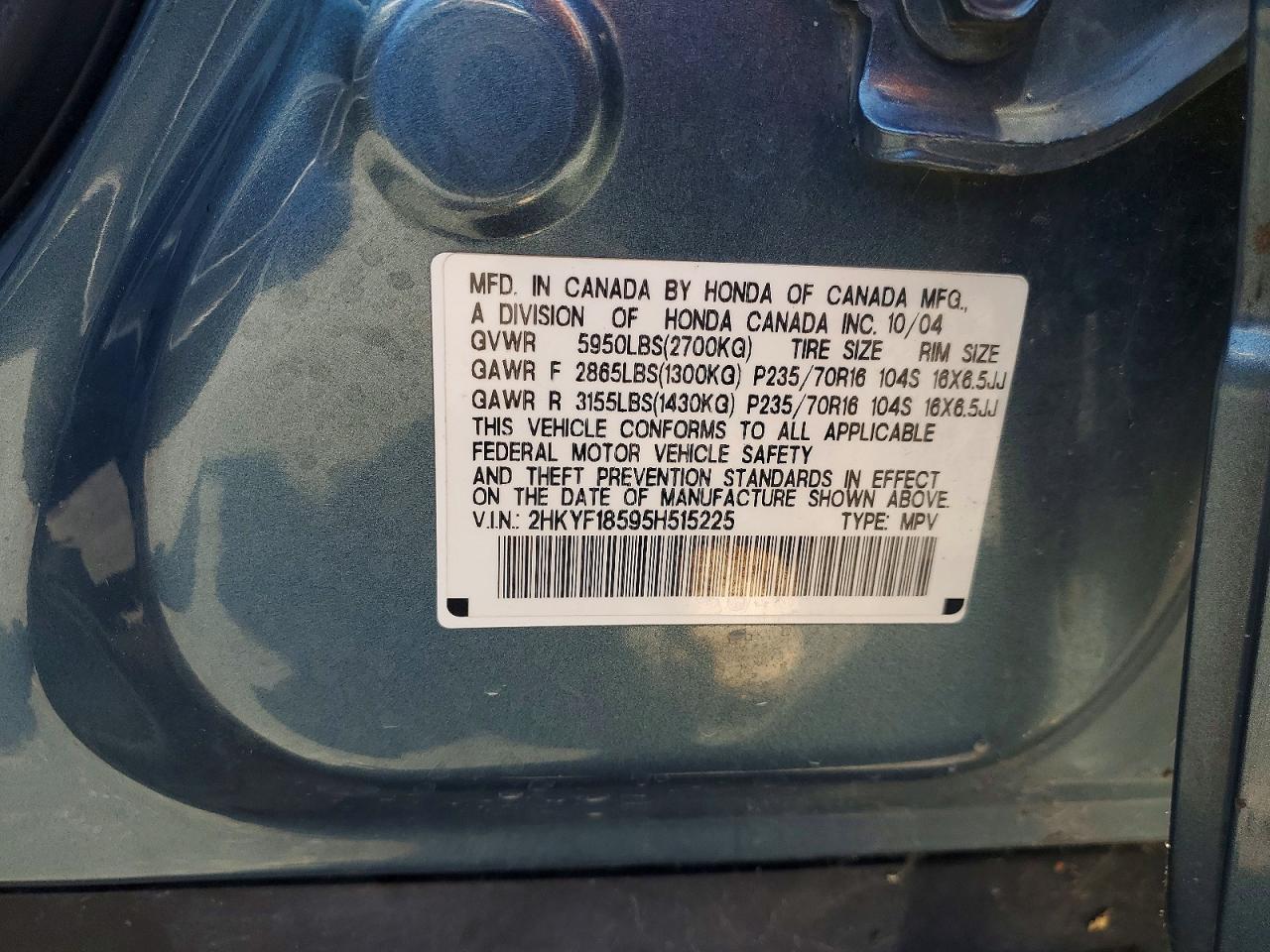 2005 Honda Pilot Exl Blue vin: 2HKYF18595H515225