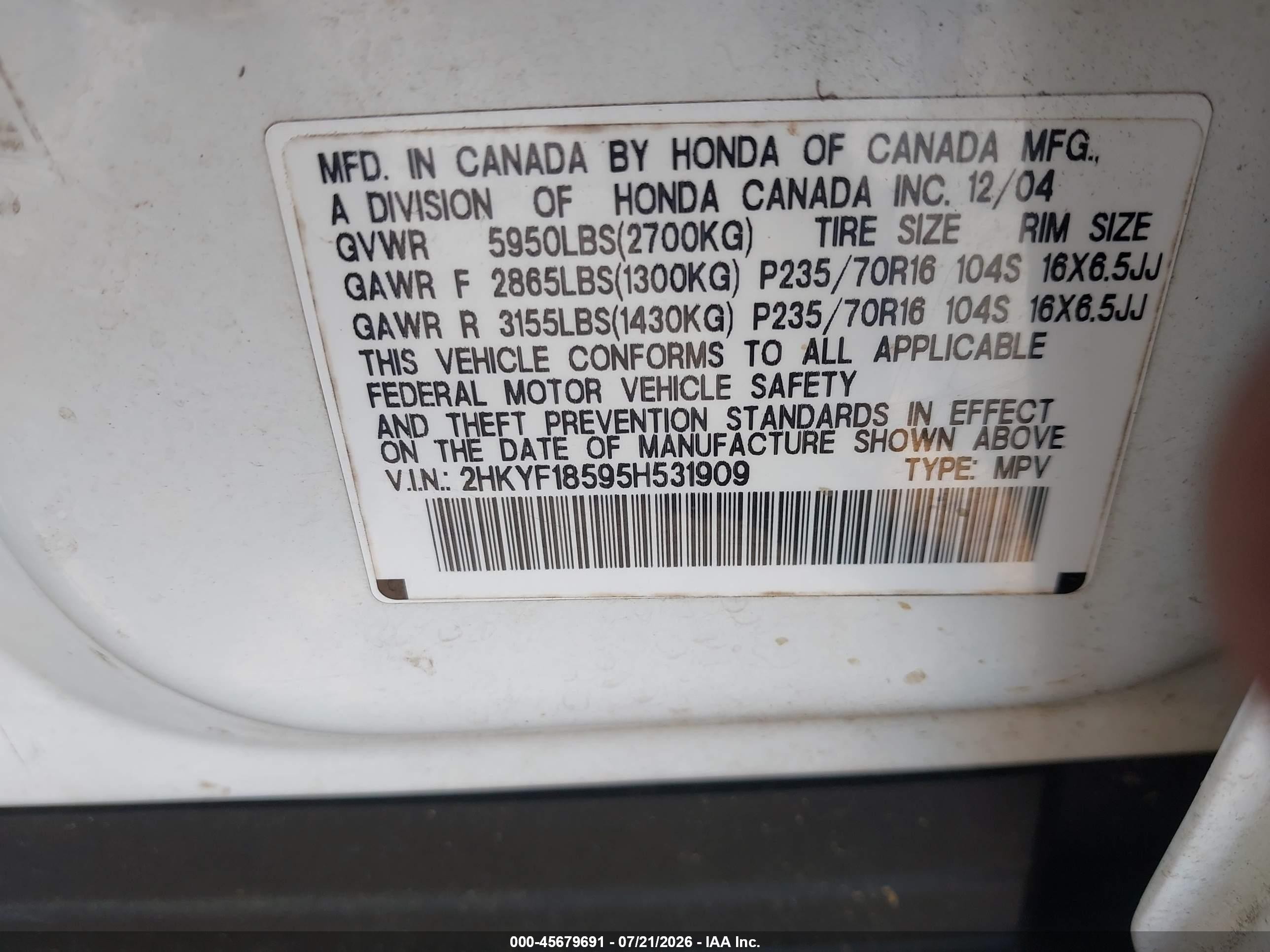 2005 Honda Pilot Ex-l Белый vin: 2HKYF18595H531909
