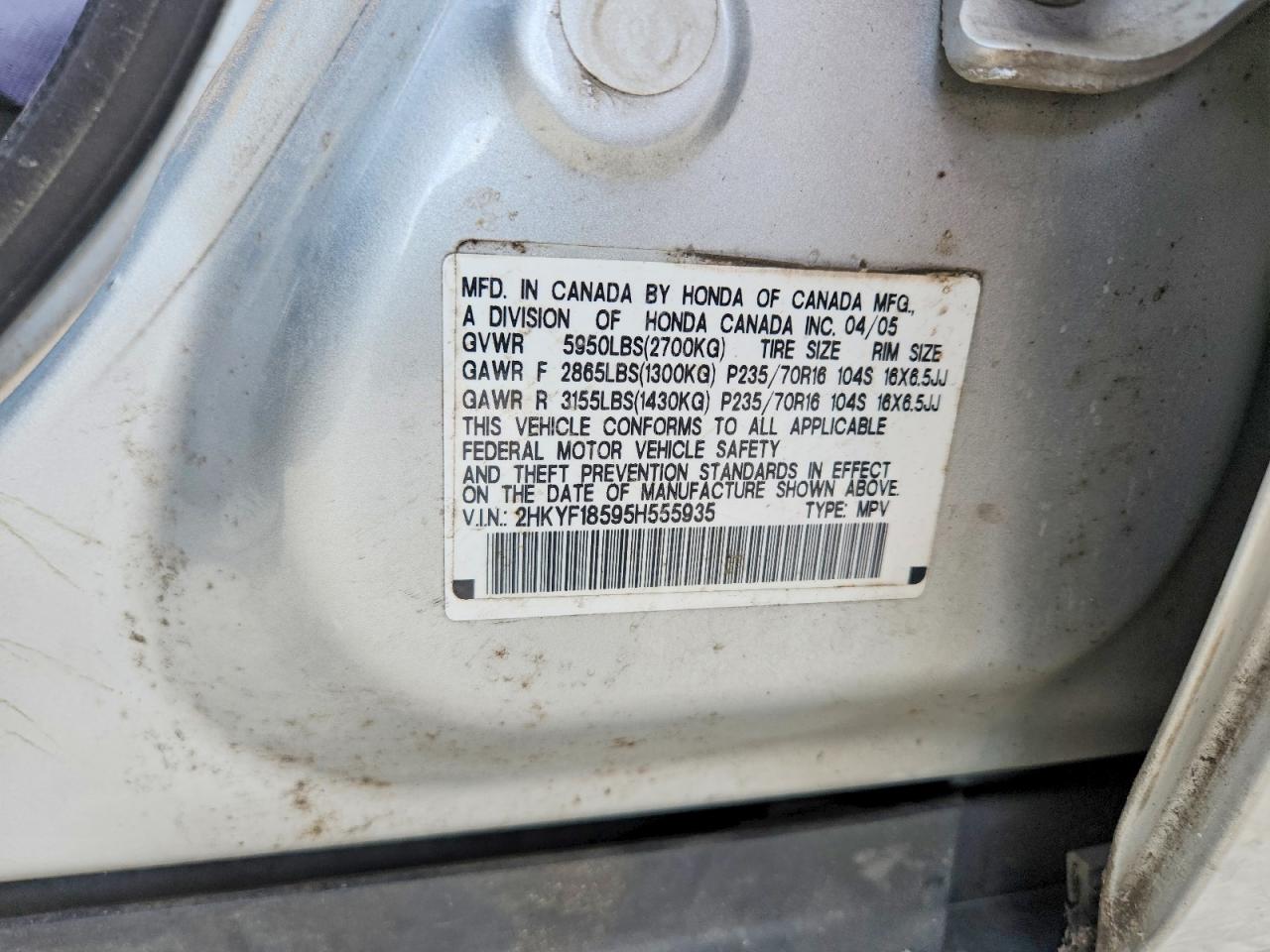 2005 Honda Pilot Exl Silver vin: 2HKYF18595H555935