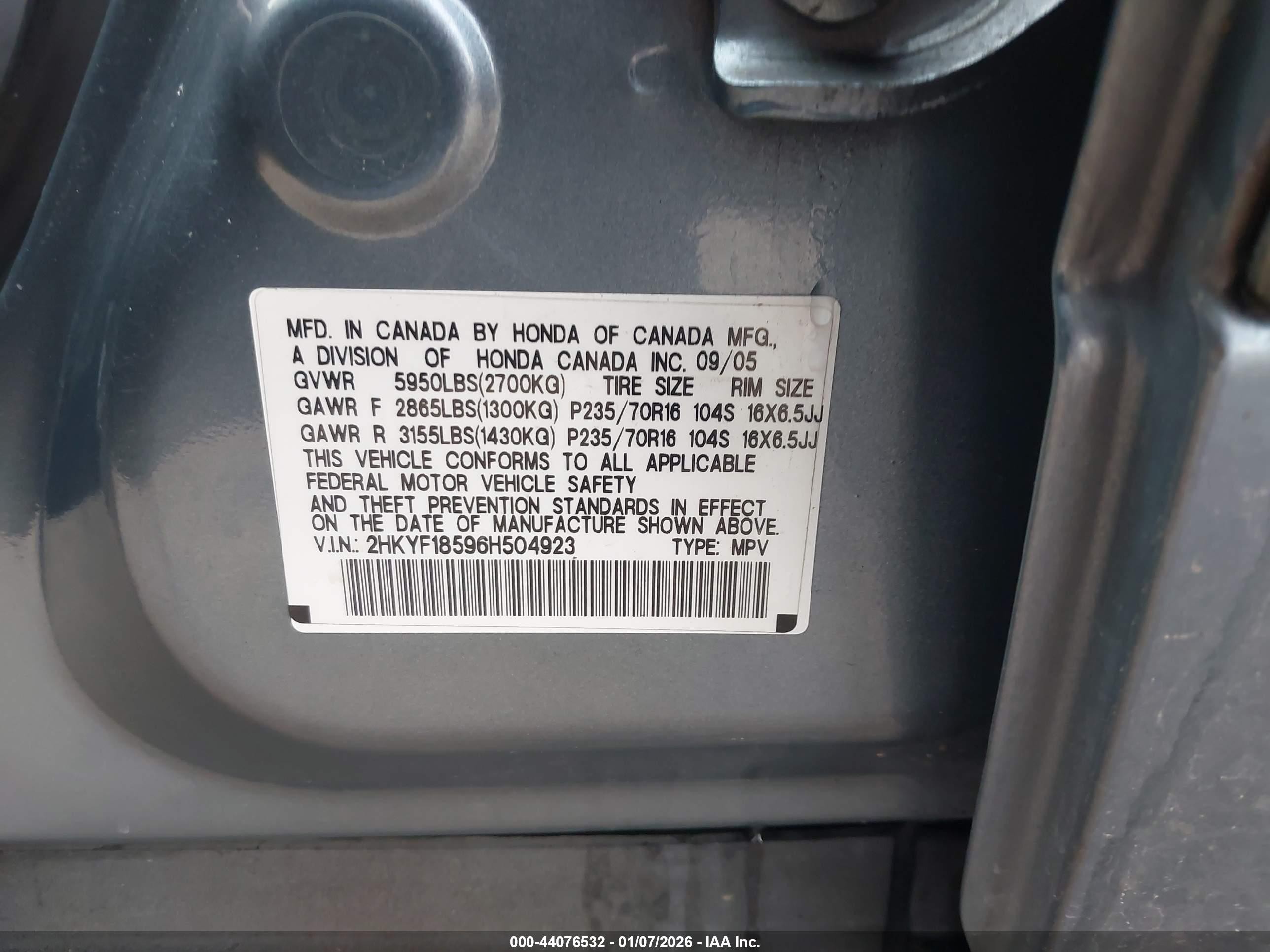 2006 Honda Pilot Ex-l Teal vin: 2HKYF18596H504923