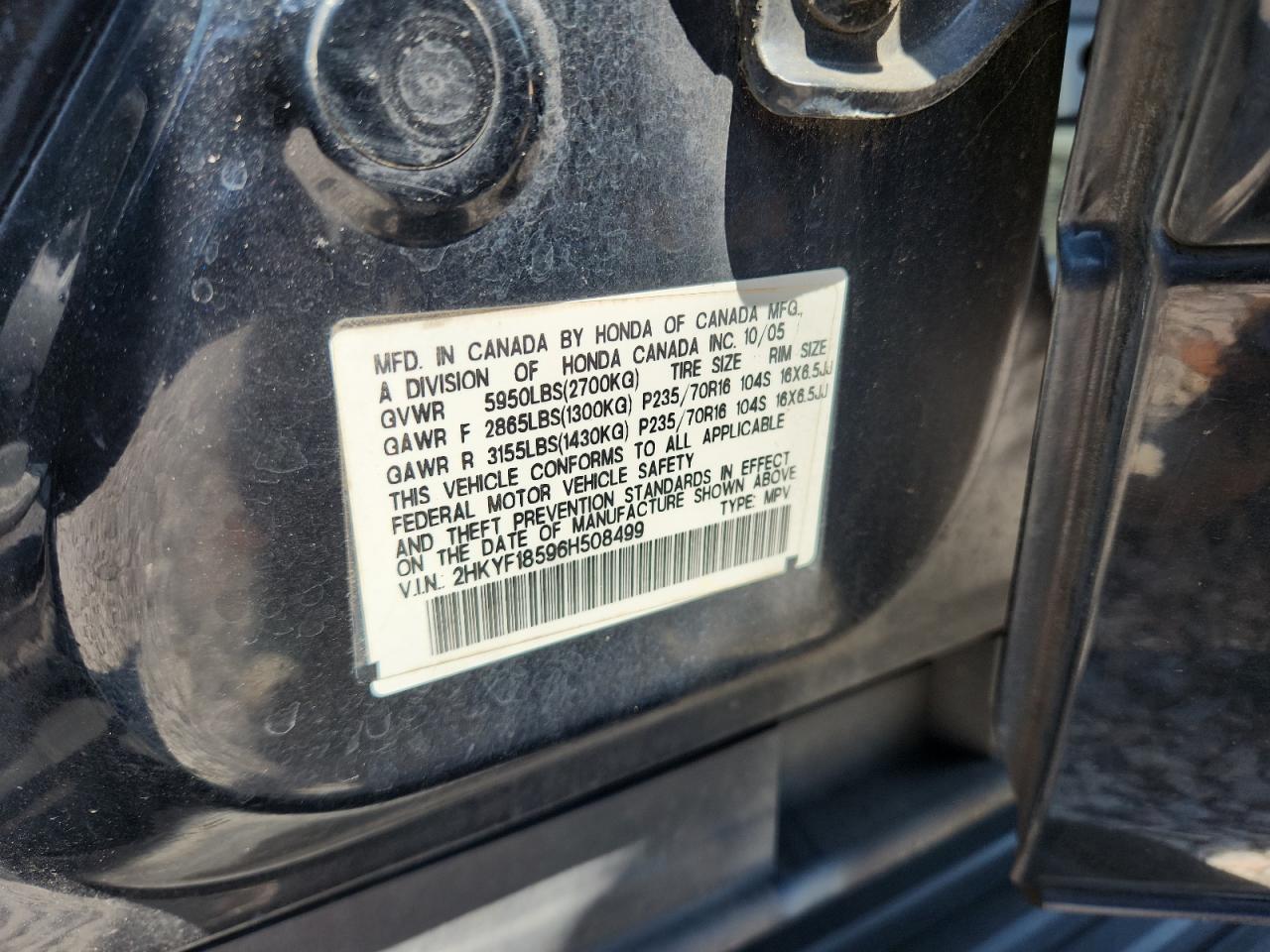 2006 Honda Pilot Black vin: 2HKYF18596H508499