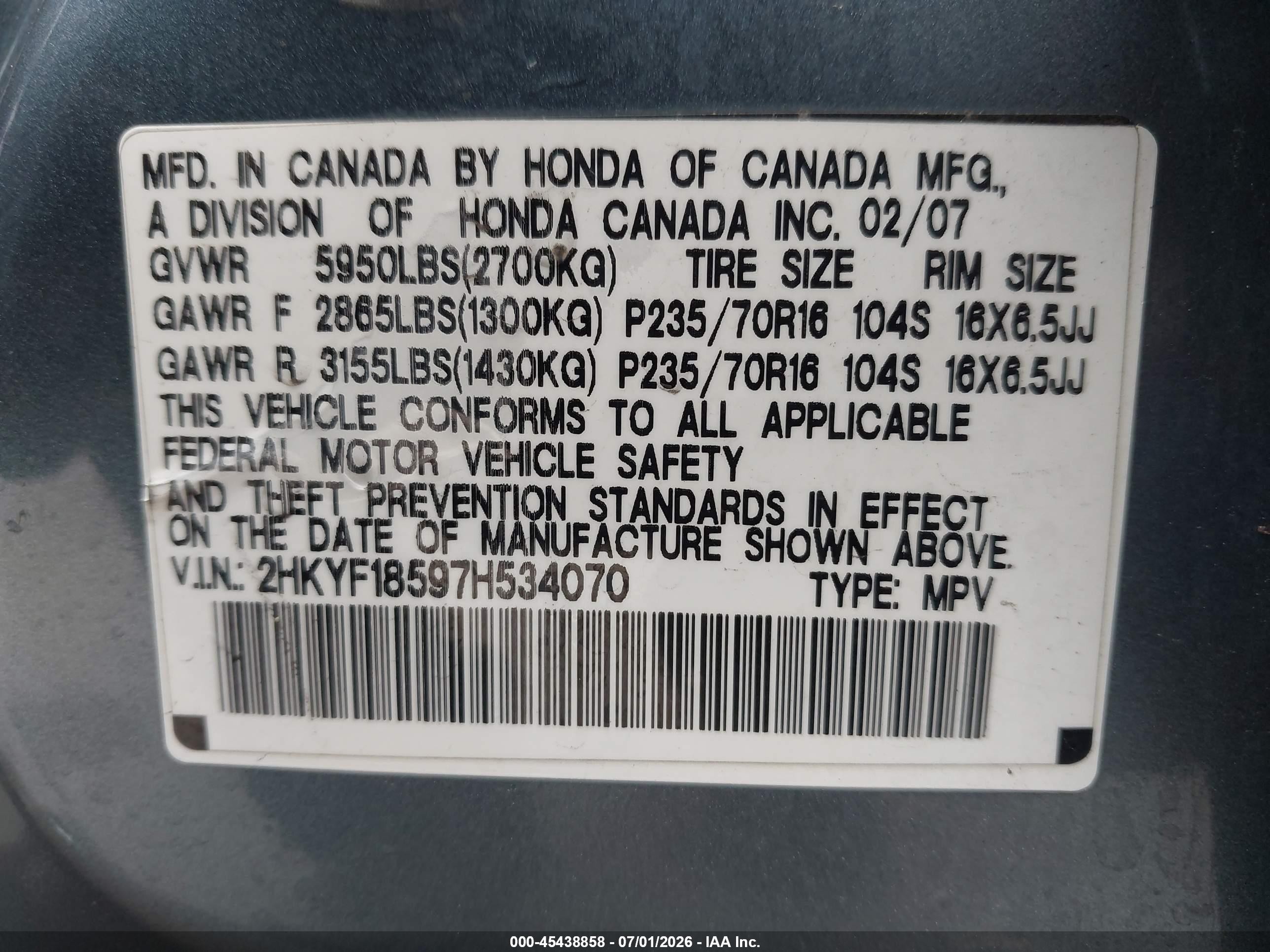 2007 Honda Pilot Ex-l Blue vin: 2HKYF18597H534070