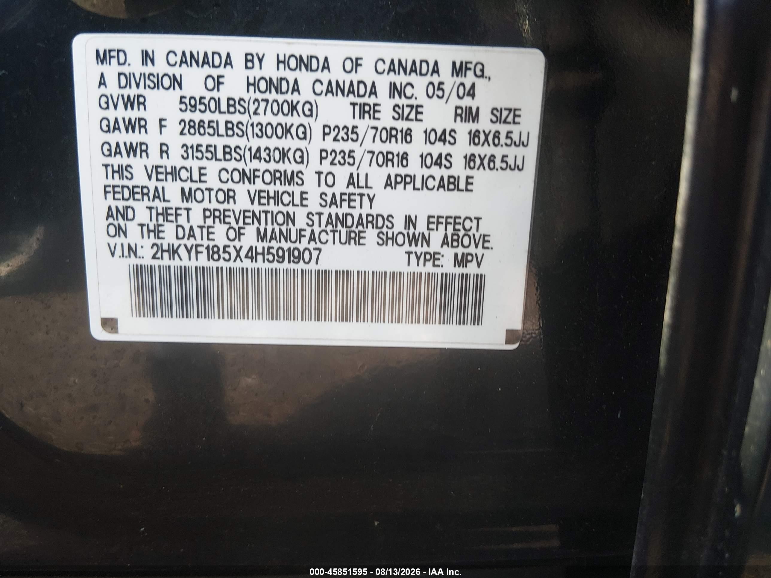 2004 Honda Pilot Ex-l Black vin: 2HKYF185X4H591907