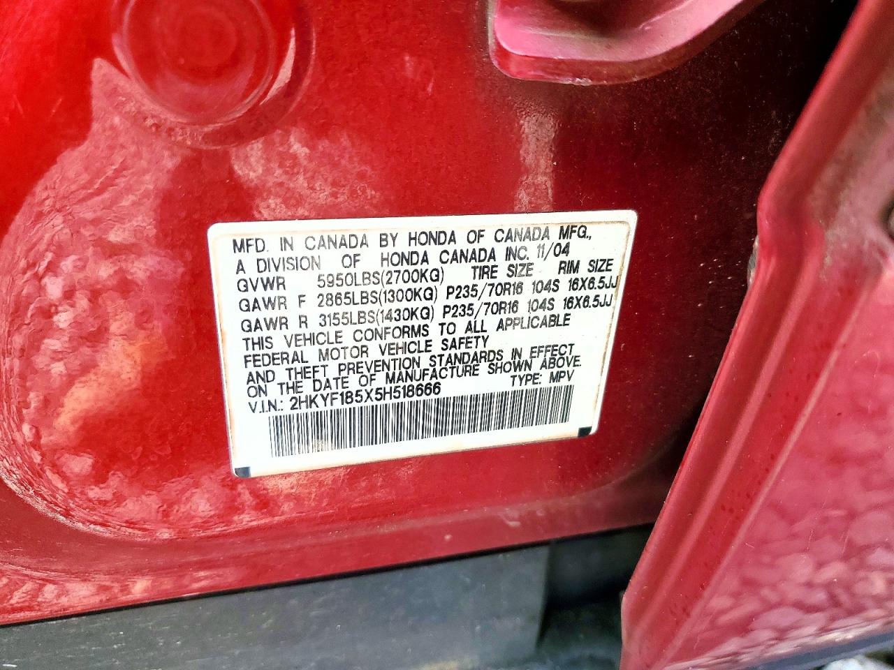 2005 Honda Pilot Exl Maroon vin: 2HKYF185X5H518666