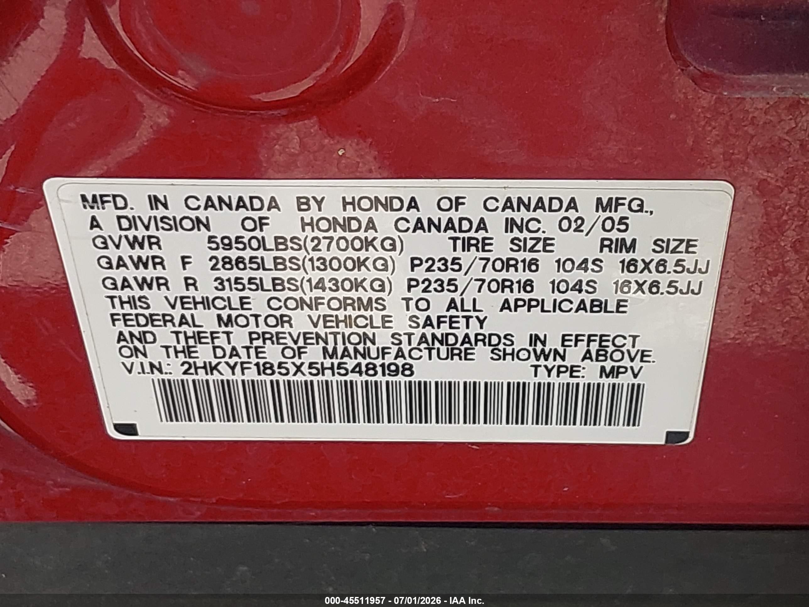 2005 Honda Pilot Ex-l Red vin: 2HKYF185X5H548198