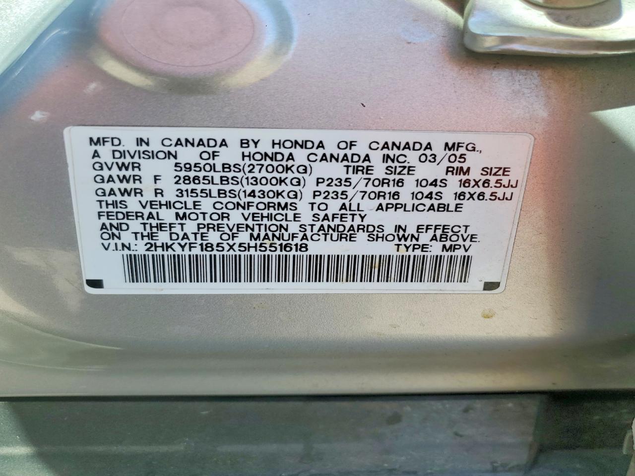 2005 Honda Pilot Exl Silver vin: 2HKYF185X5H551618