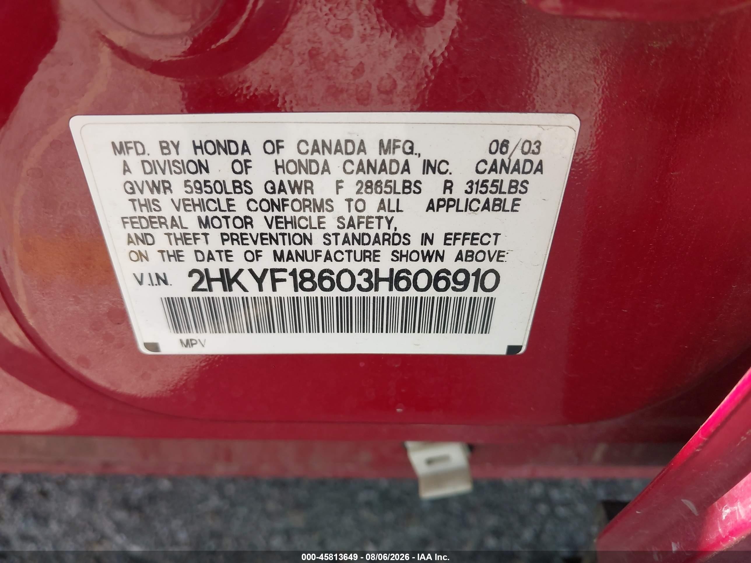 2003 Honda Pilot Ex-l Красный vin: 2HKYF18603H606910