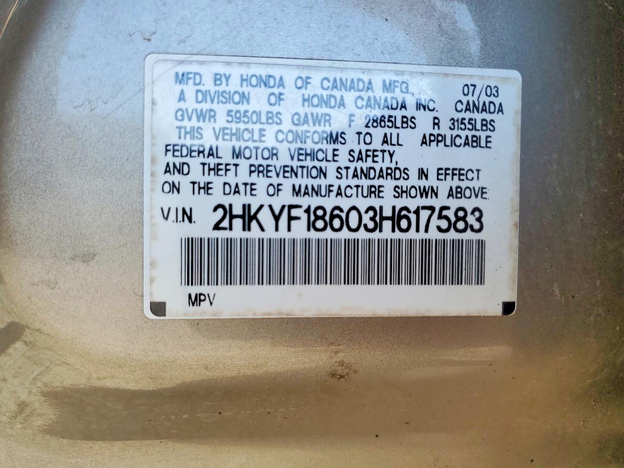 2003 Honda Pilot Exl Beige vin: 2HKYF18603H617583