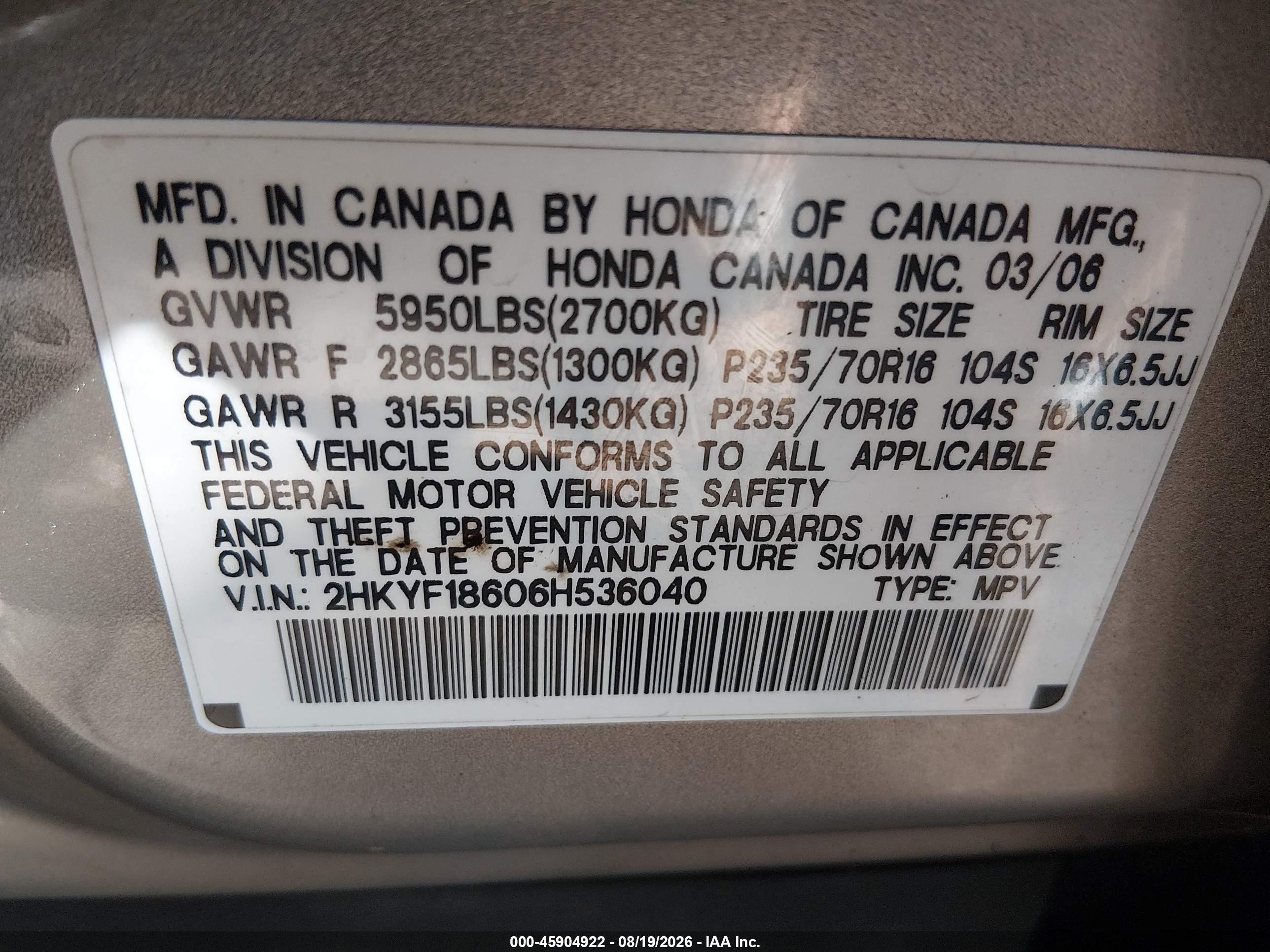 2006 Honda Pilot Ex-l Золотой vin: 2HKYF18606H536040