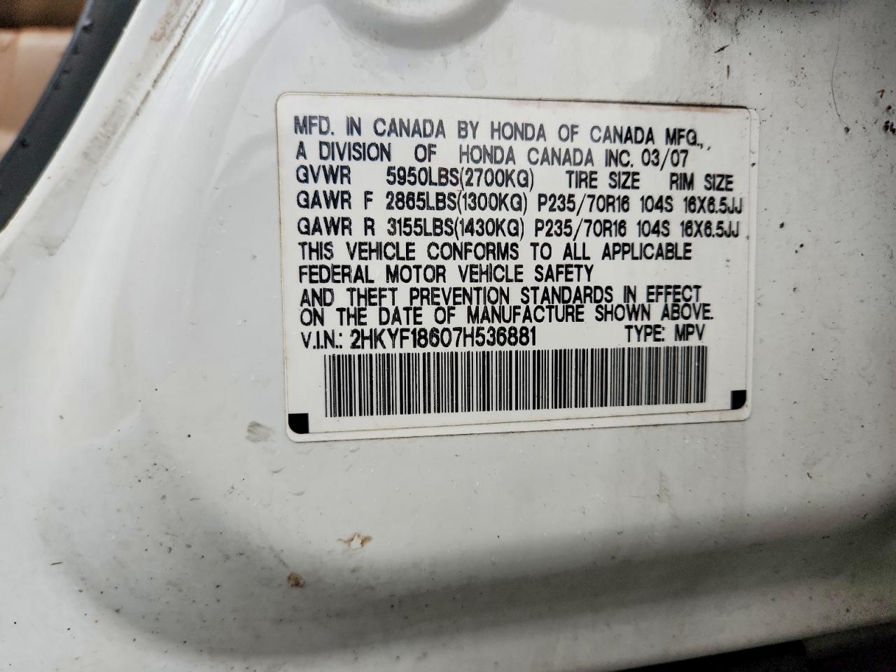 2007 Honda Pilot White vin: 2HKYF18607H536881