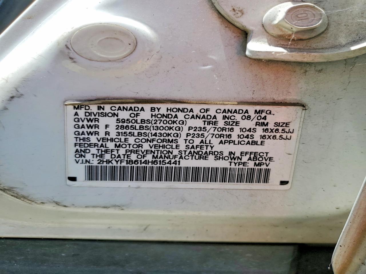 2004 Honda Pilot Exl White vin: 2HKYF18614H615441