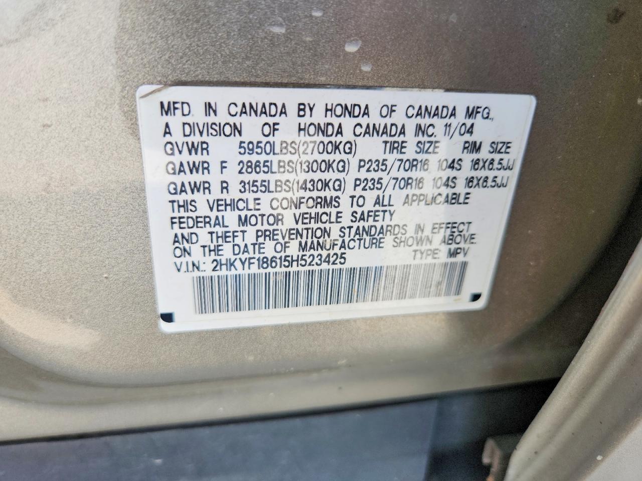 2005 Honda Pilot Exl Beige vin: 2HKYF18615H523425