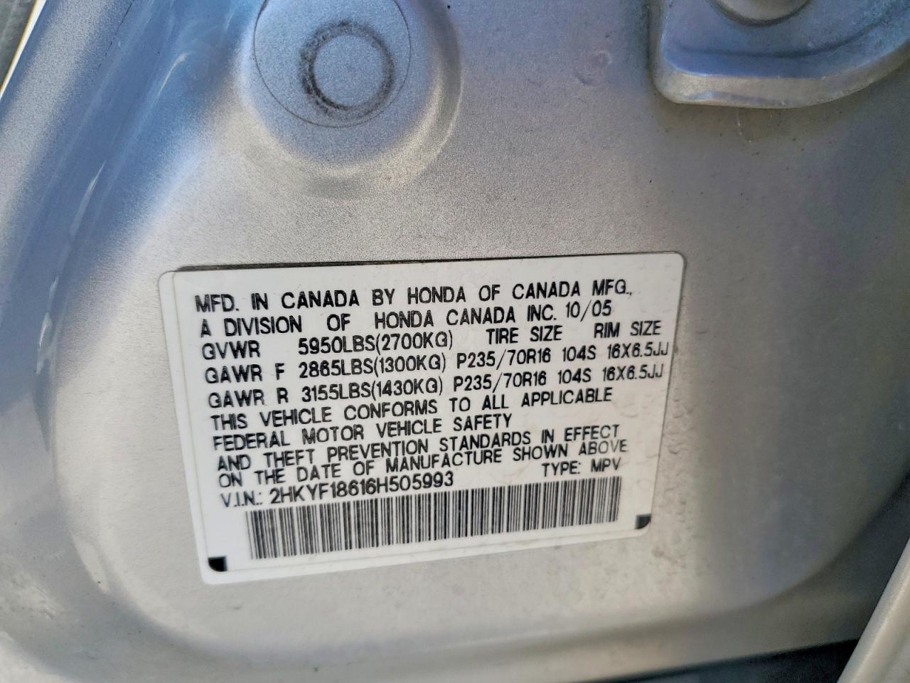 2006 Honda Pilot Ex Silver vin: 2HKYF18616H505993